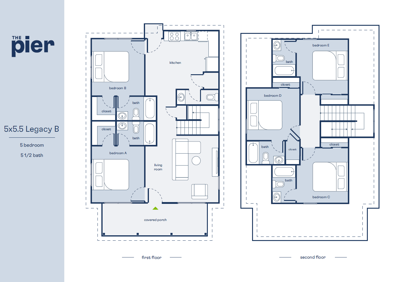 The Pier's elegant 5x5.5 Legacy B floor plan showcasing a spacious five-bedroom layout with 5.5 baths, including an open-concept kitchen and living room on the first floor and multiple private bedrooms upstairs.