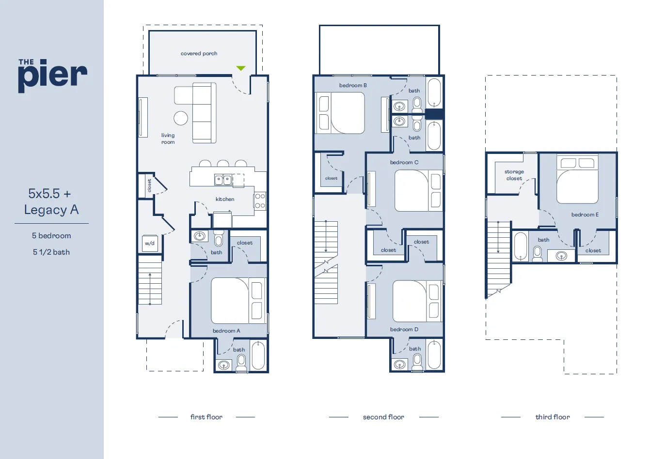 The Pier 5x5.5 Legacy A floor plan showcasing 5 bedrooms, 5.5 baths, with an expansive living area, modern kitchen, and covered porch across three floors.