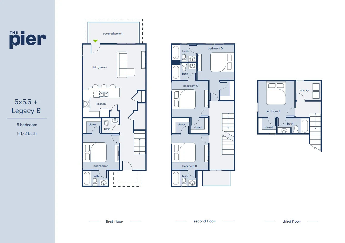 Luxurious 5-bedroom floor plan, 'The Pier' Legacy B, featuring a spacious living room, modern kitchen, and a covered porch, spread across three levels with 5.5 baths.
