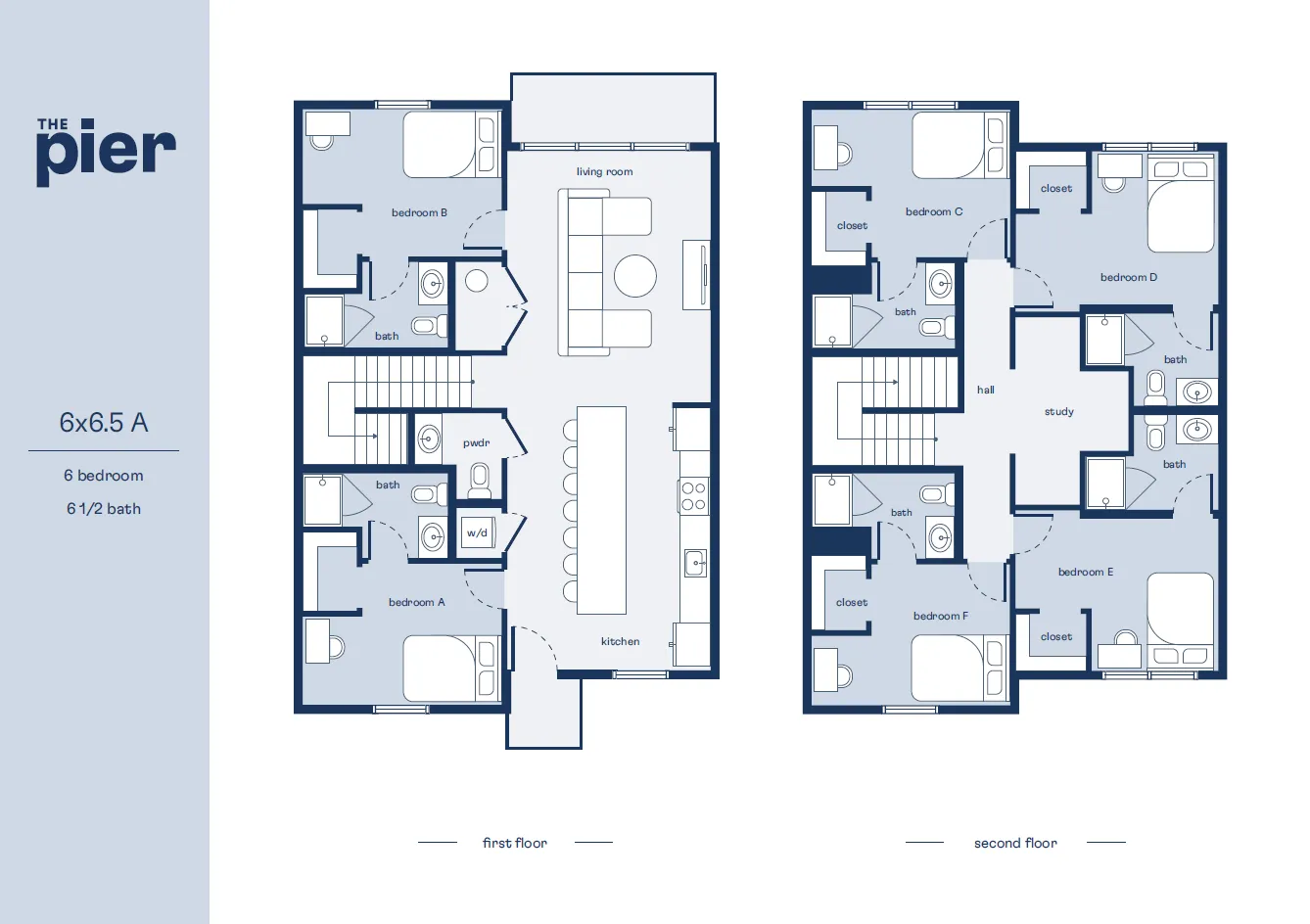 Spacious two-story floor plan featuring 6 bedrooms and 6.5 baths, including a large open-concept kitchen and living room on the first floor, complemented by a study area on the second floor.