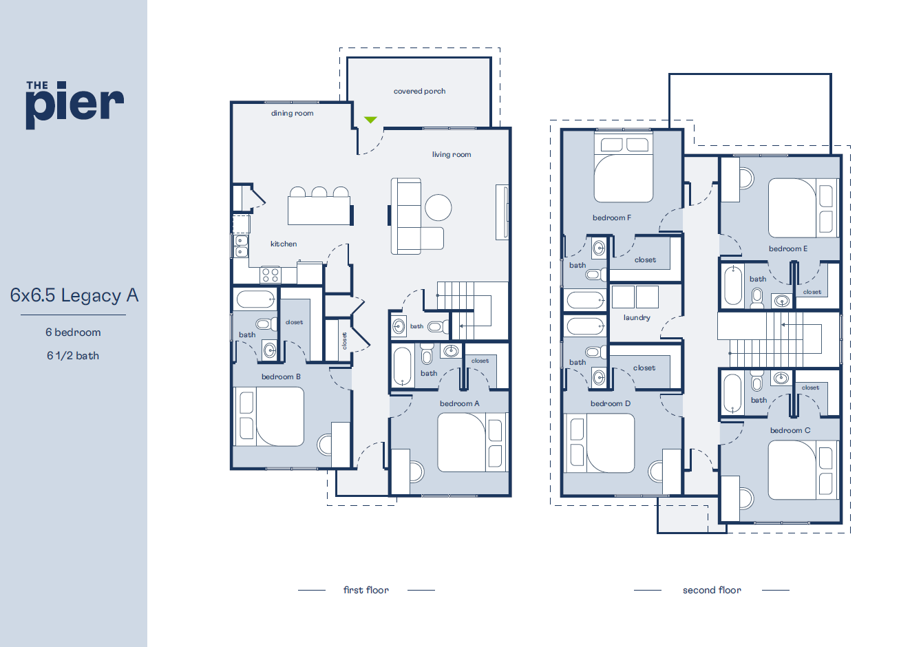 The Pier's 6x6.5 Legacy A floor plan highlights a spacious layout with 6 bedrooms and 6.5 baths across two floors, featuring an open dining and living area, modern kitchen, laundry room, and a covered porch for added luxury.
