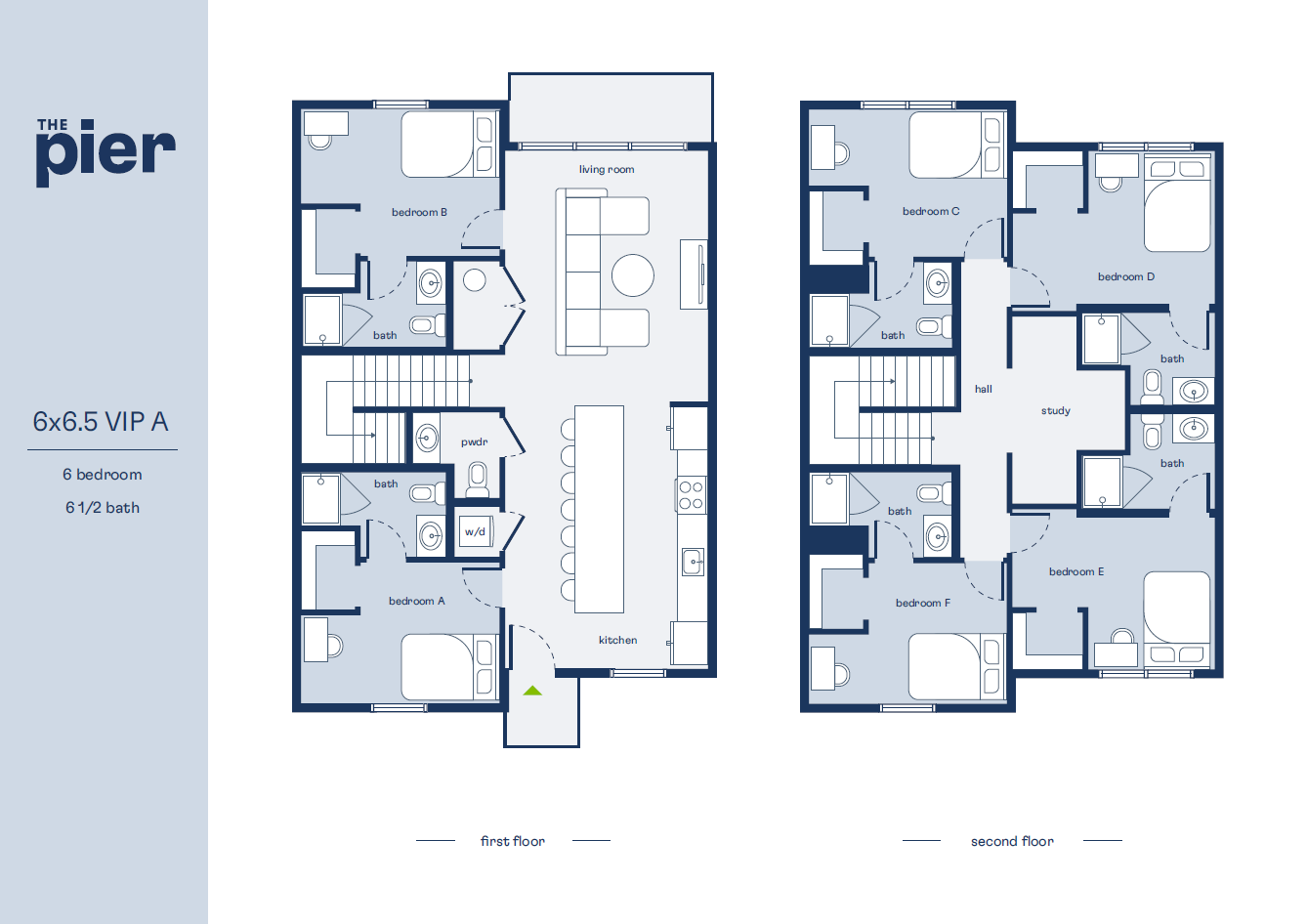 Luxurious two-story floor plan for The Pier 6x6.5 VIP A, featuring 6 spacious bedrooms, sleek kitchen, expansive living room, and 6.5 modern bathrooms.