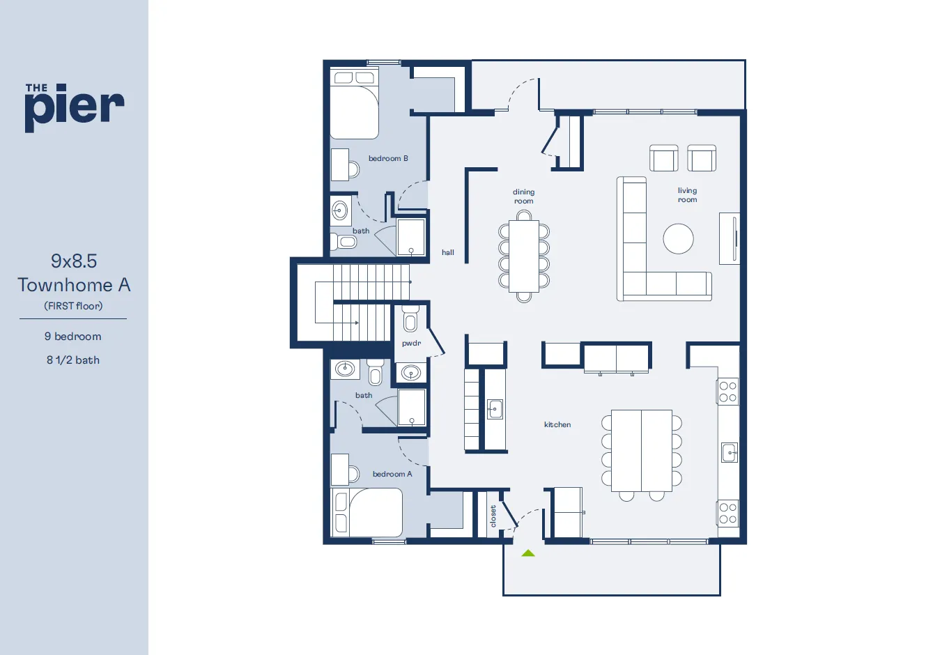 Elegant floor plan of The Pier Townhome A, boasting 9 bedrooms, 8.5 baths, a spacious living room, and a contemporary kitchen on the first floor.