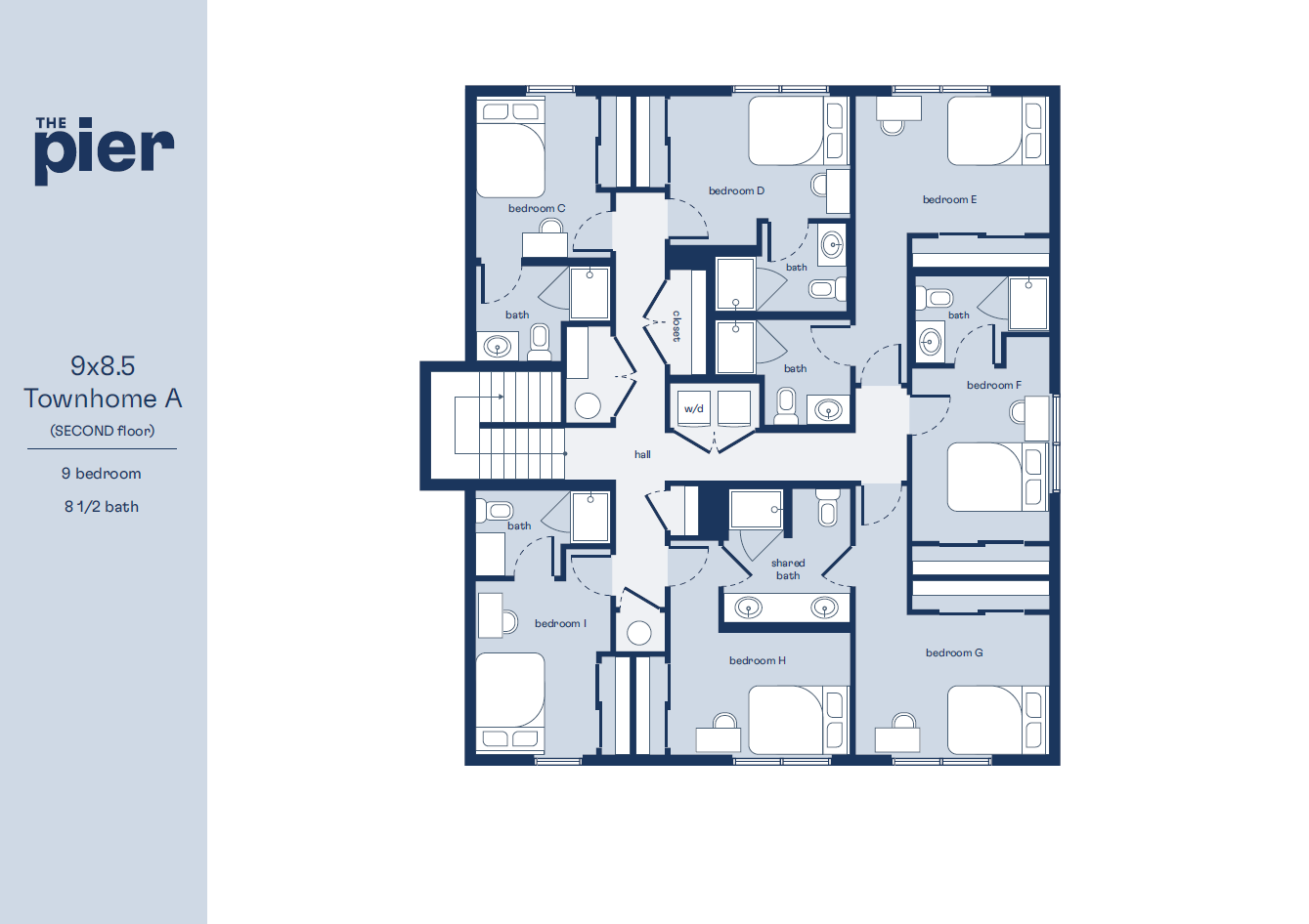 Modern floor plan of Townhome A showcasing an expansive layout with 9 bedrooms and 8.5 baths, offering luxurious and spacious living on the second floor.