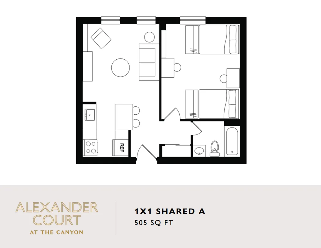 Chic 1x1 shared floor plan at Alexander Court, featuring a cozy open-concept living space, dual bedrooms, and a compact kitchen in 505 sq ft.