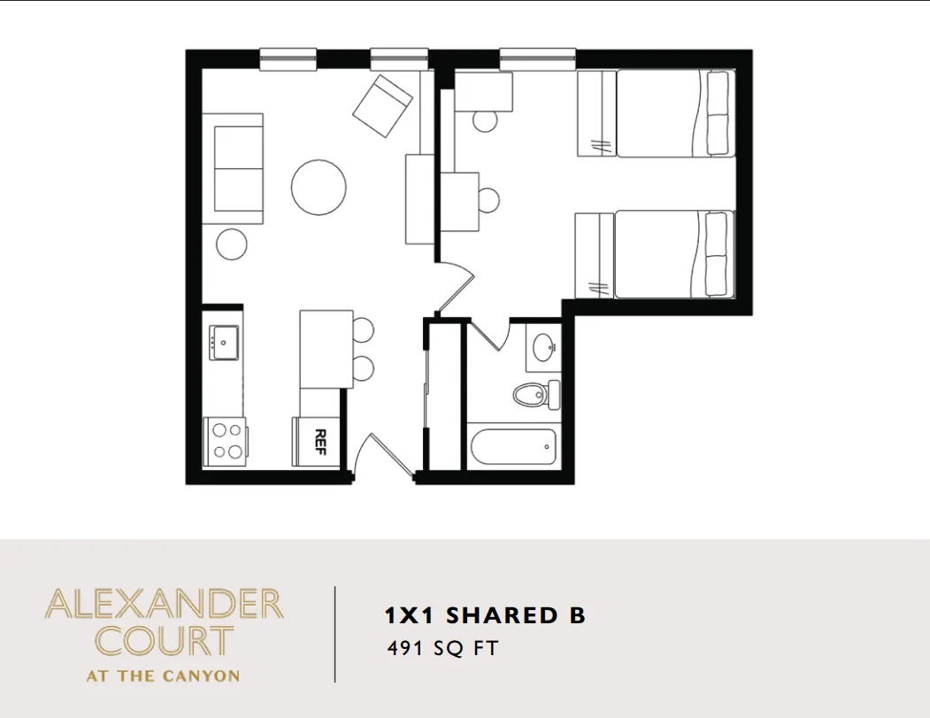 Smartly designed 1x1 shared floor plan at Alexander Court featuring cozy bedrooms, a modern kitchen, and inviting living space, spread over 491 sq ft.