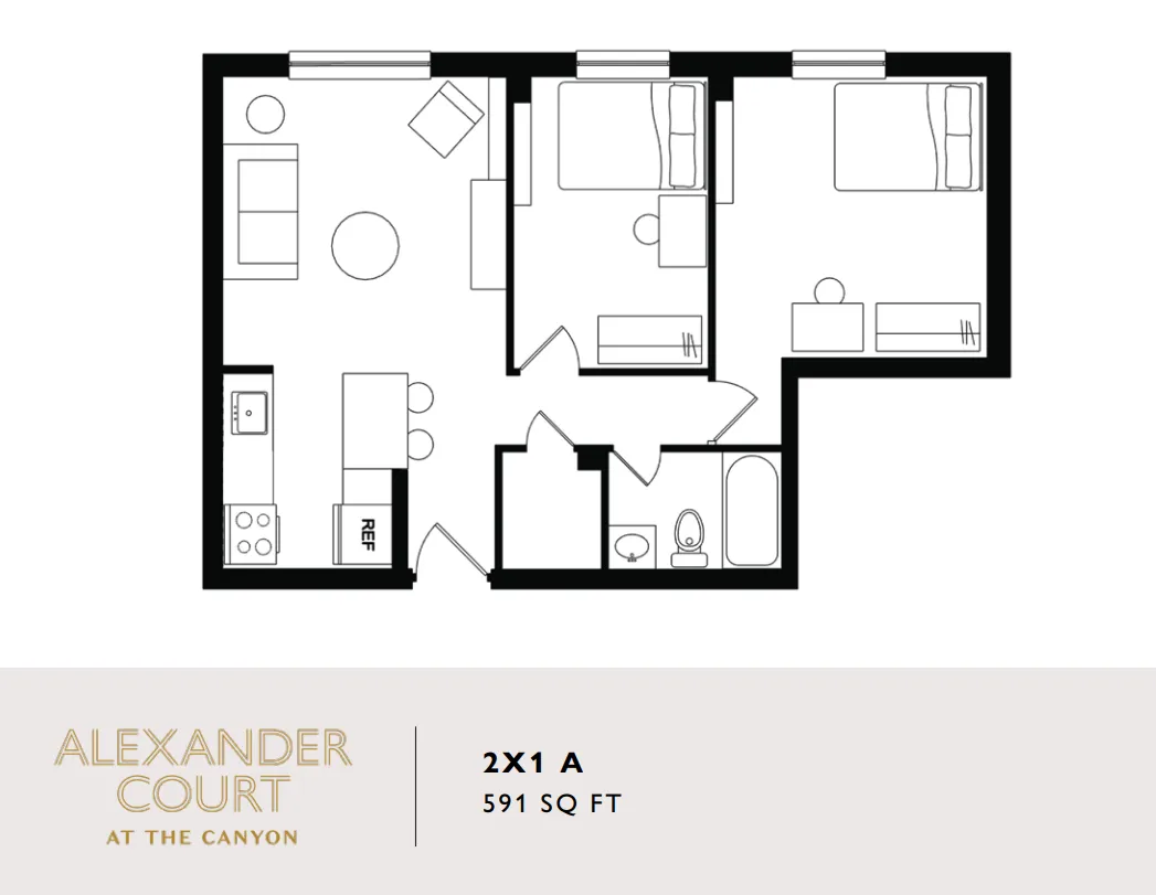 Inviting floor plan of Alexander Court featuring 2 bedrooms, a cozy living area, and a functional kitchen spread over 591 sq ft.