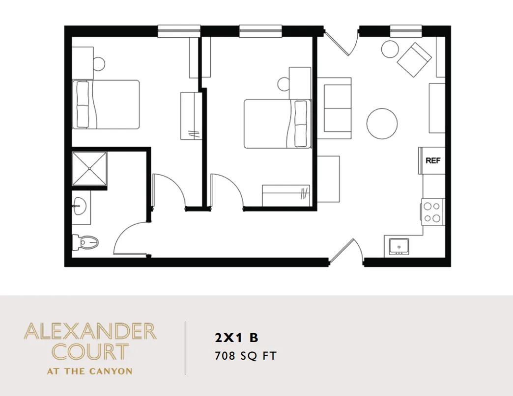 Charming Alexander Court floor plan with 2 bedrooms, cozy living area, and modern kitchen, totaling 708 sq ft.