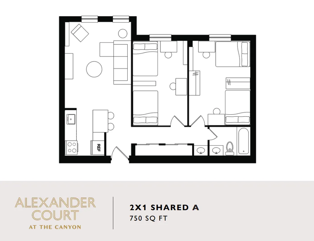 Inviting 2D floor plan of Alexander Court at the Canyon, features 2 shared bedrooms, a spacious living area, and a functional kitchen, covering 750 sq ft.