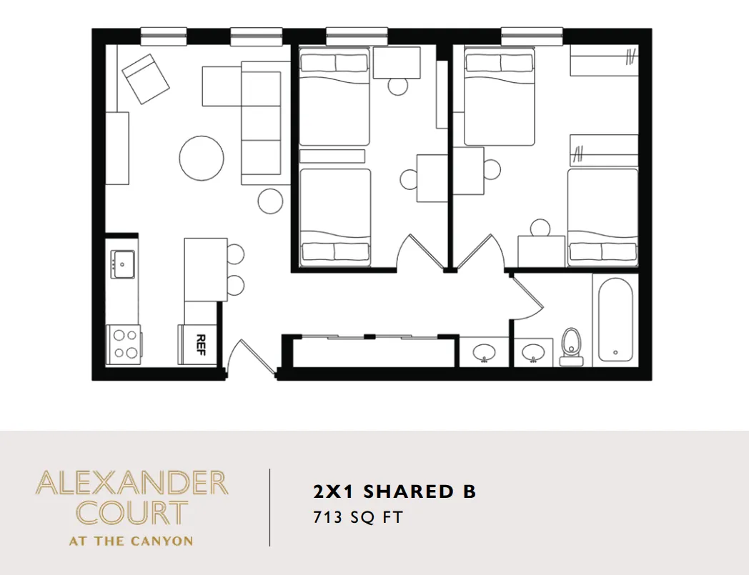 Modern 2x1 shared floor plan at Alexander Court featuring a spacious living area and well-equipped kitchen, perfect for comfortable living, 713 sq ft.