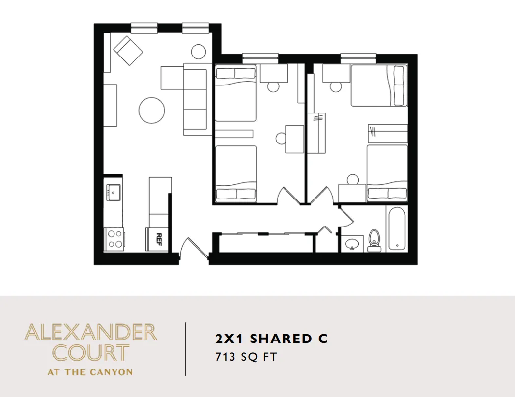 Elegant floor plan of Alexander Court's 713 sq ft 2X1 Shared C layout, featuring two cozy bedrooms and an inviting open living area.