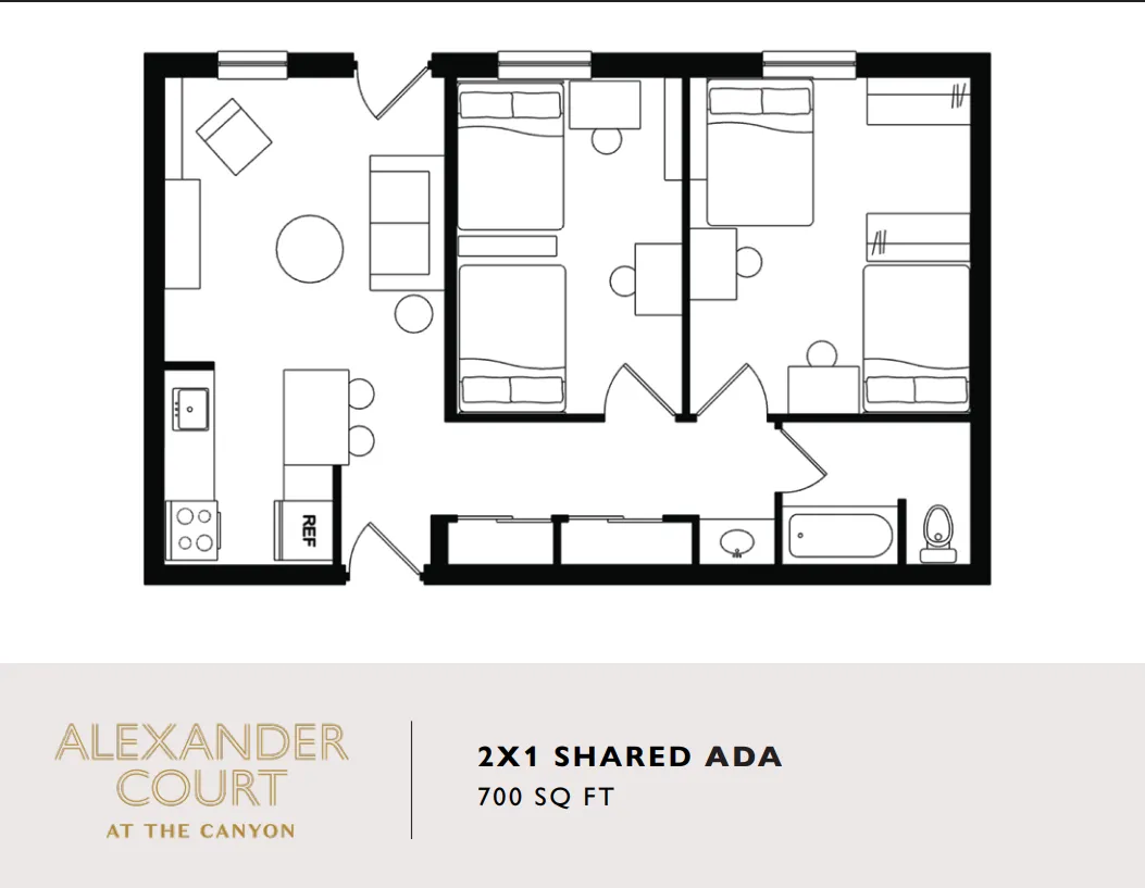 Alexander Court 2x1 shared ADA floor plan showcasing a functional 700 sq ft layout with two bedrooms, a cozy living area, and a modern kitchen.