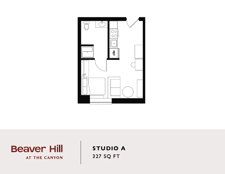 Chic Studio A floor plan at Beaver Hill featuring an open layout with a combined living and sleeping area, kitchen, and bathroom, spanning 327 sq ft.