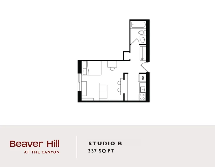 Efficient Studio B floor plan at Beaver Hill, featuring a contemporary open living and sleeping area with a compact kitchen and bathroom, 337 sq ft.