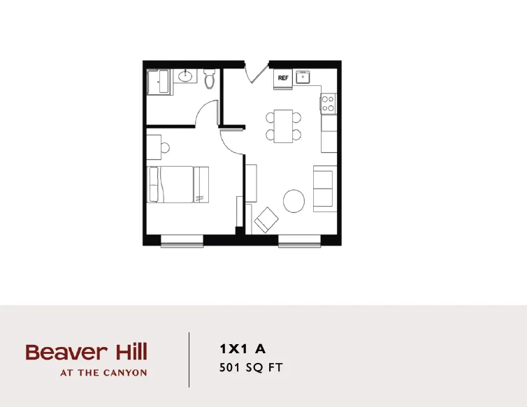 Efficient 1-bedroom floor plan at Beaver Hill featuring a cozy living area and modern kitchen, totaling 501 sq ft.