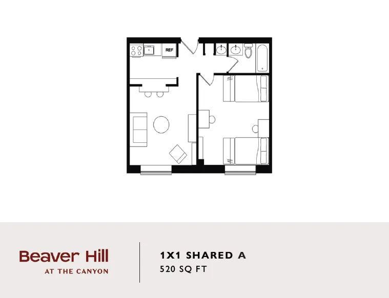 Efficient 1x1 shared floor plan with a cozy kitchen, inviting living area, and two comfortable bedrooms in Beaver Hill, 520 sq ft.