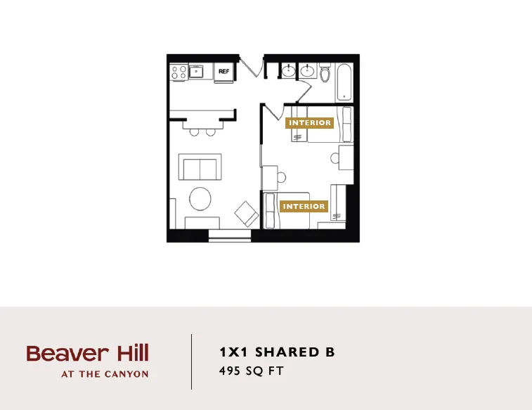 Modern 1-bedroom floor plan at Beaver Hill featuring shared space with living area, kitchen, and bathroom, 495 sq ft.
