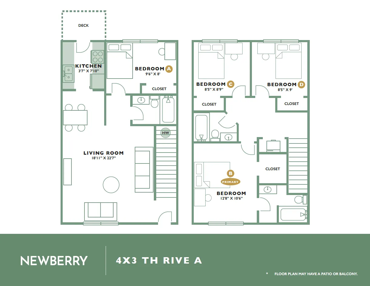 Elegant Newberry floor plan featuring 4 bedrooms, a spacious living room, modern kitchen, and private deck. Ideal for contemporary living.