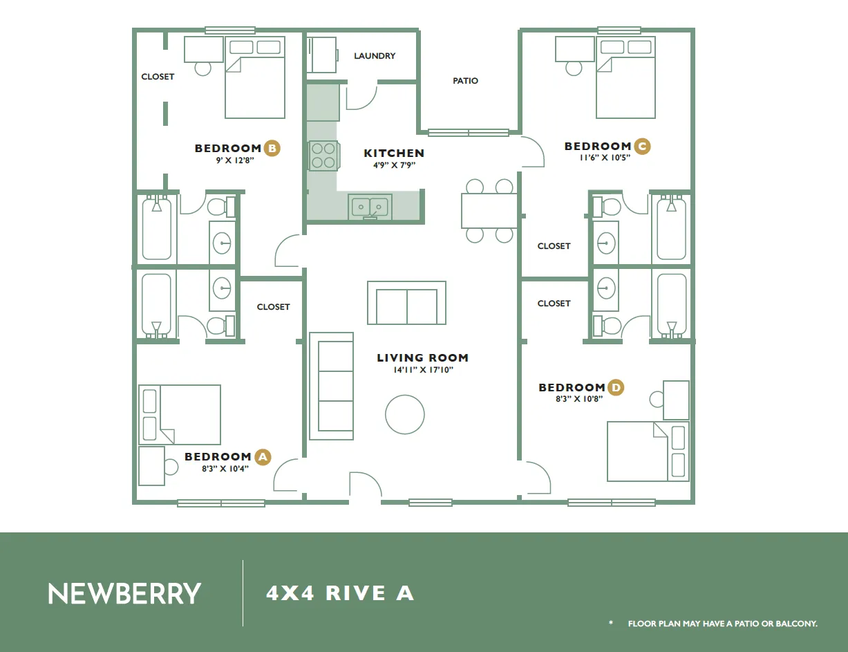 Spacious Newberry 4x4 Rive A floor plan showcasing four bedrooms, inviting living area, modern kitchen, and patio access. Ideal for comfortable living.