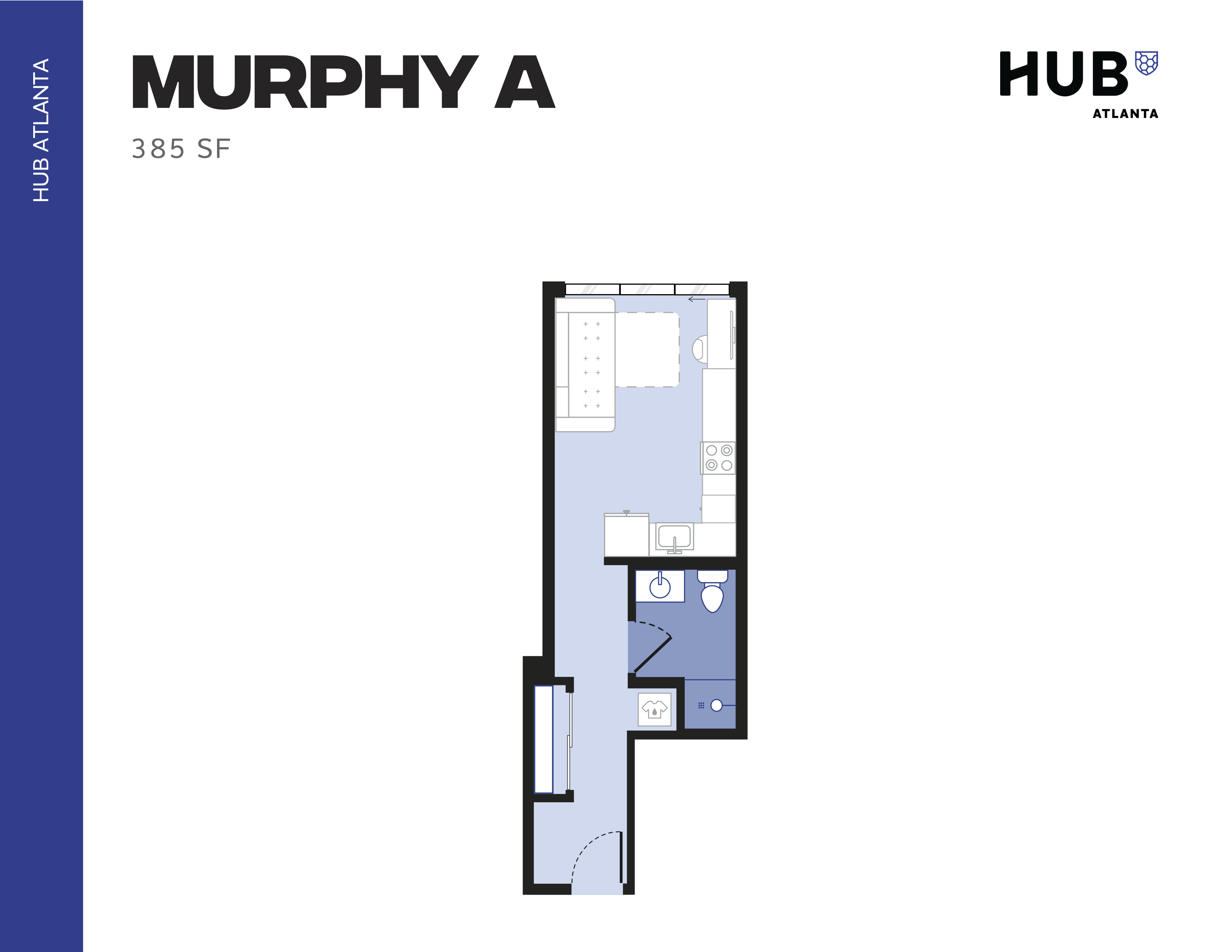 Efficient floor plan of Murphy A at Hub Atlanta, showcasing 385 sq ft of modern living with a cozy bedroom, kitchenette, and compact bathroom.