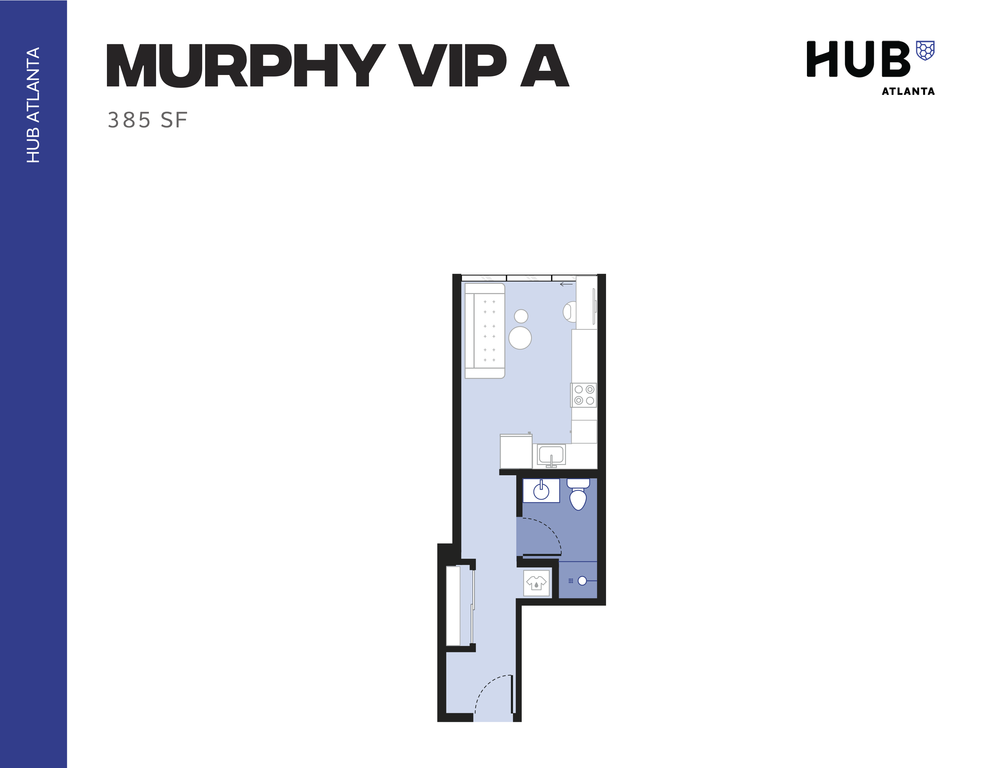 Compact and efficient Murphy VIP A floor plan, featuring 385 sq ft with a cozy bedroom, practical kitchen, and modern bathroom in Hub Atlanta.