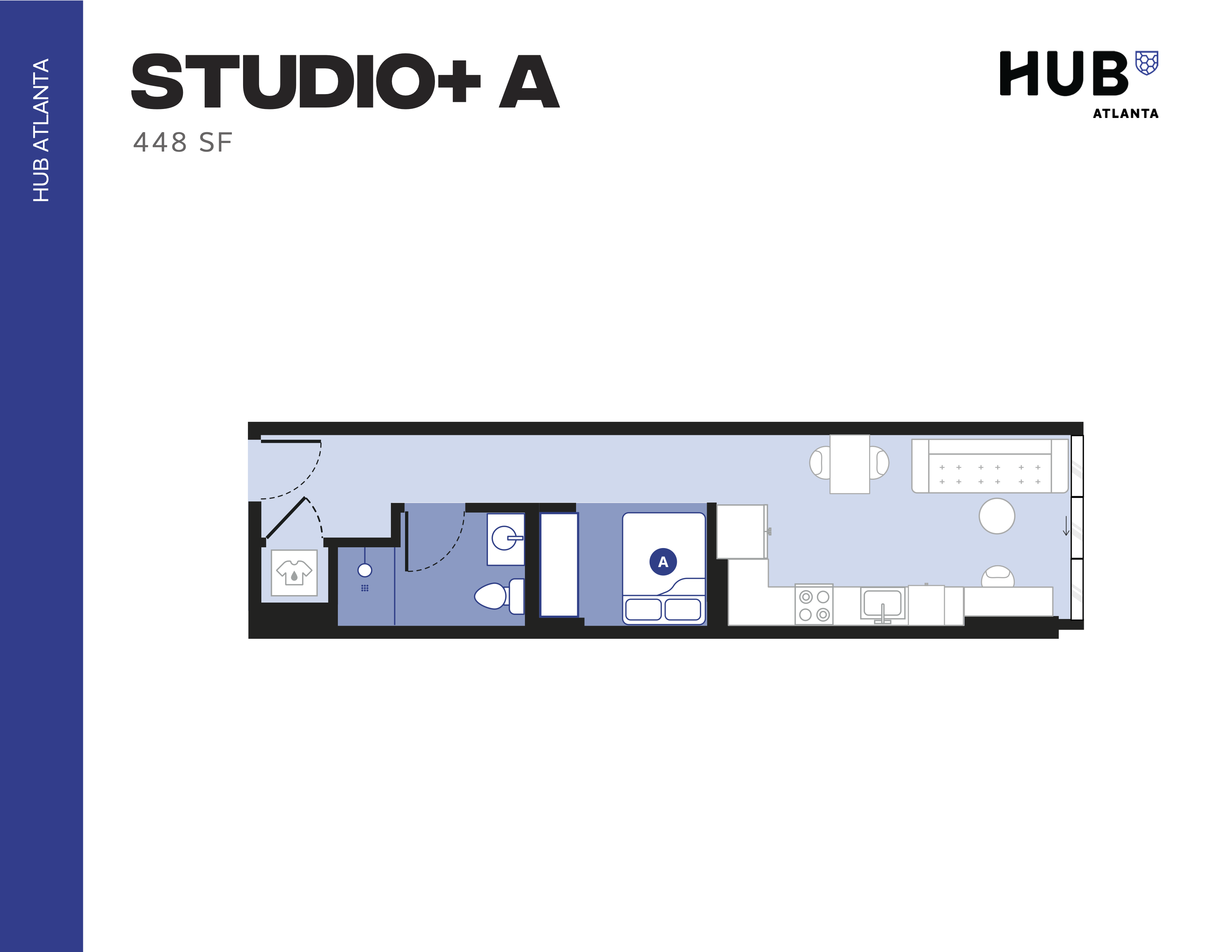 Stylish Studio+ A floor plan featuring an open layout with living area, kitchenette, and cozy sleeping space in 448 SF at Hub Atlanta.