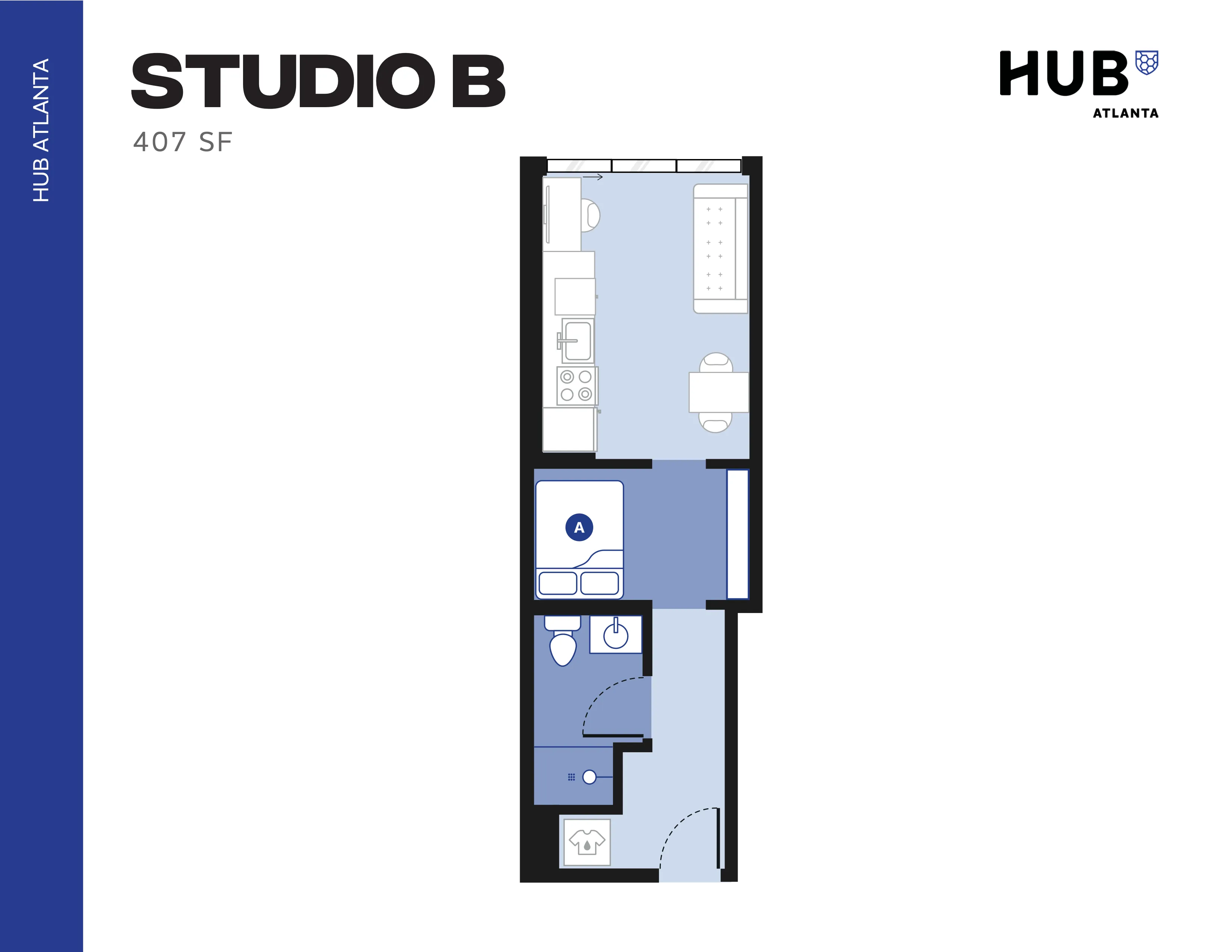 Modern Studio B floor plan at HUB Atlanta with 407 sq ft, featuring an open layout, cozy living and sleeping area, efficient kitchenette, and a stylish bathroom.