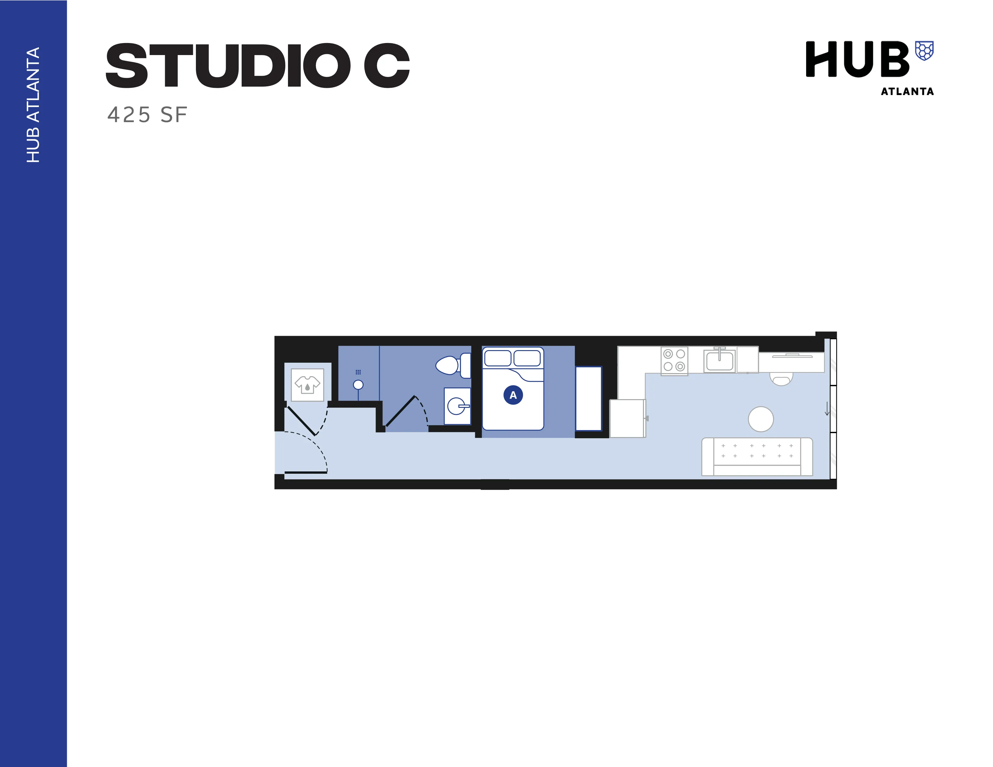 Modern Studio C floor plan at HUB Atlanta, featuring 425 sq ft with a cozy bedroom, well-appointed kitchen, and sleek bathroom layout.