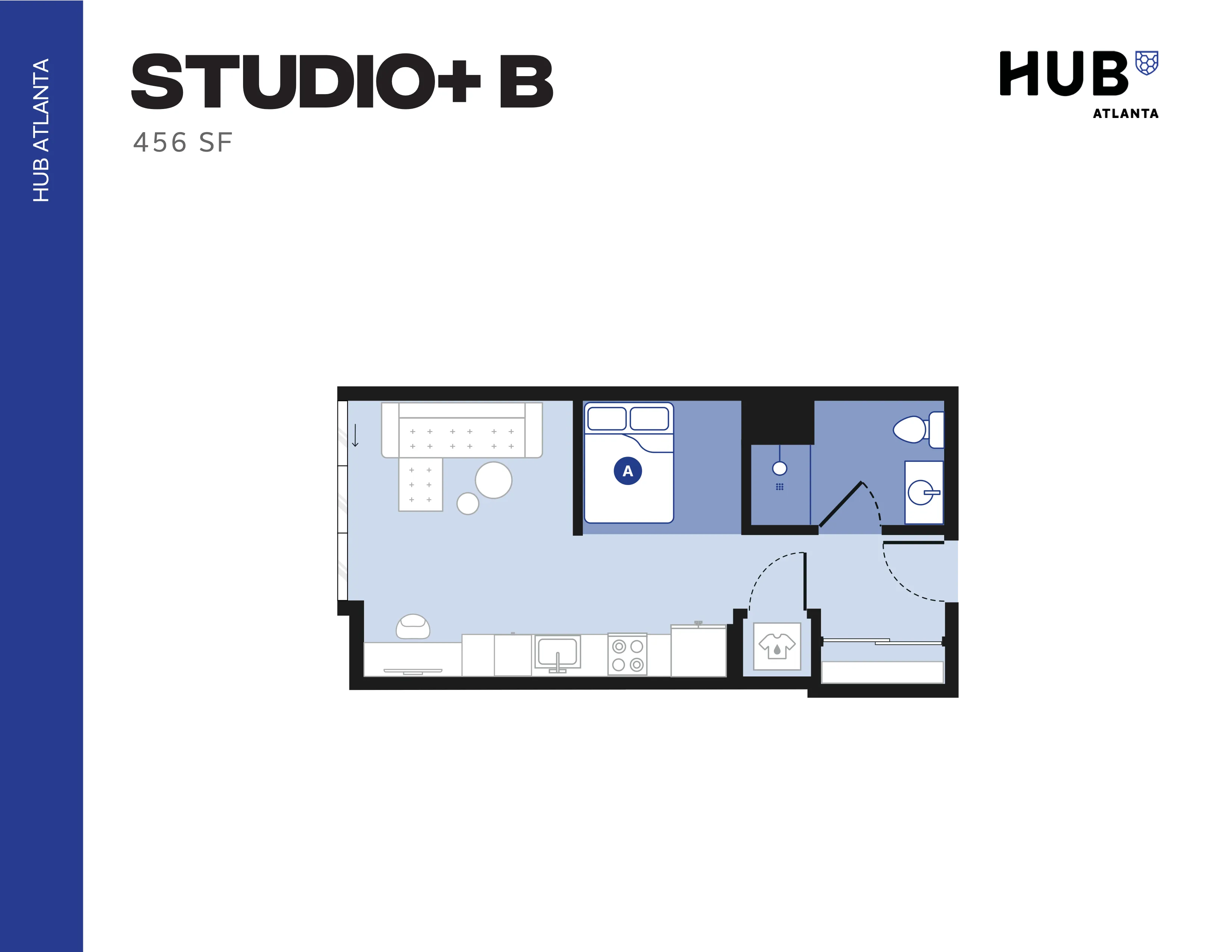 Contemporary studio apartment floor plan at Hub Atlanta, featuring an open living and kitchen area, spacious bedroom, and modern bathroom, 456 sq ft.