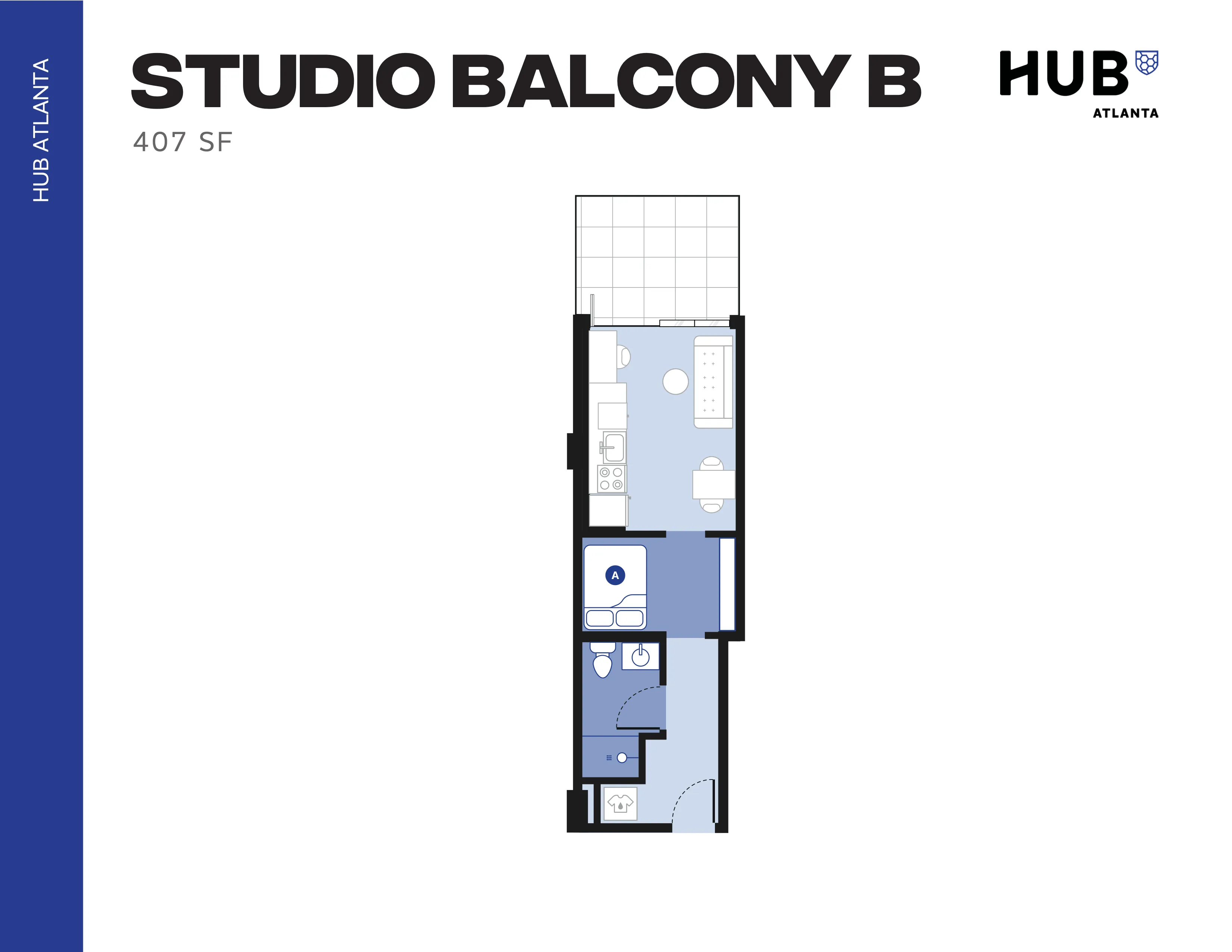 Modern Studio Balcony B floor plan at HUB Atlanta, offering 407 sq ft with a spacious layout, including a balcony, stylish kitchen, and a cozy living area.