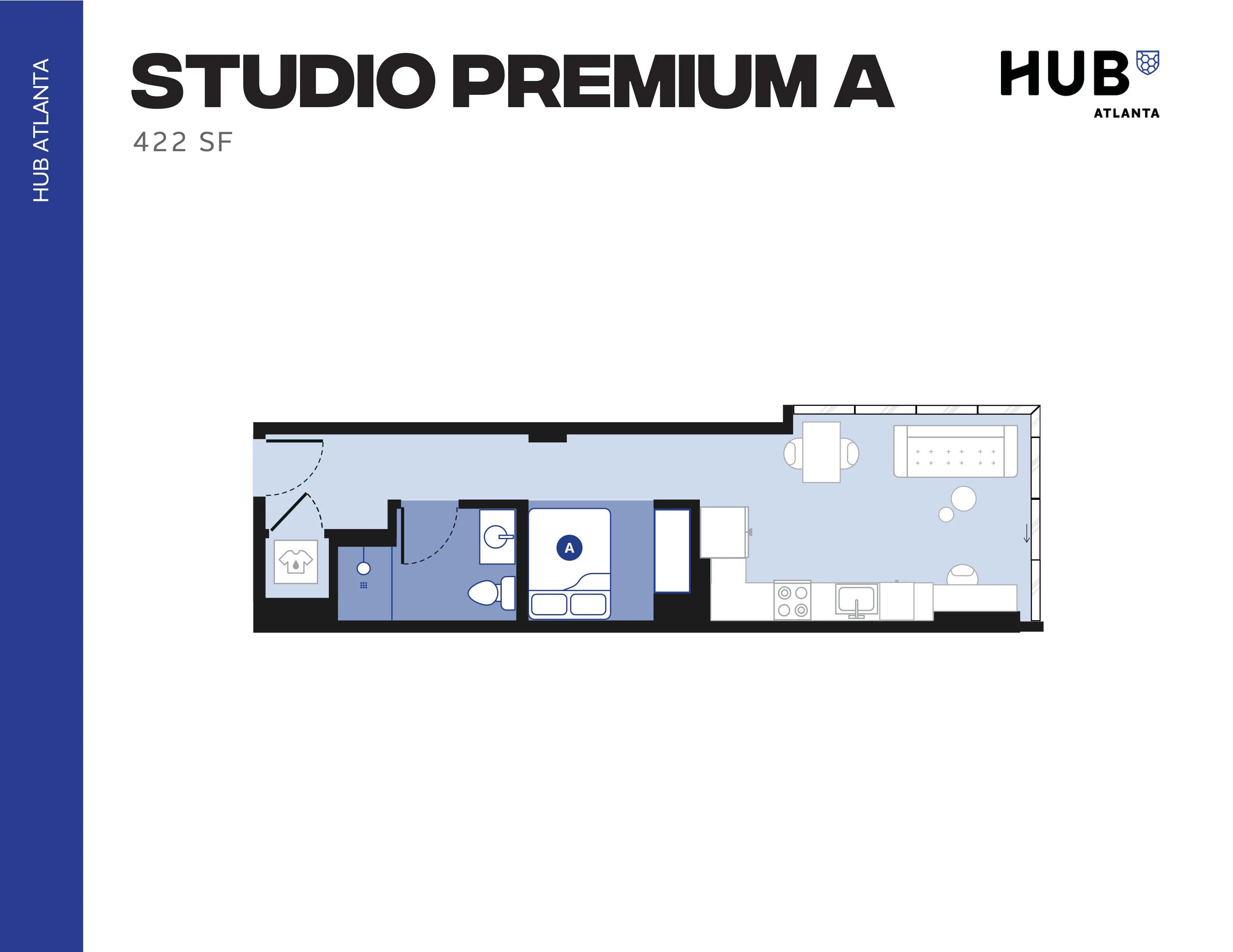 Chic studio floor plan, Studio Premium A at HUB Atlanta, featuring modern living space, kitchenette, and cozy sleeping area, 422 sq ft.
