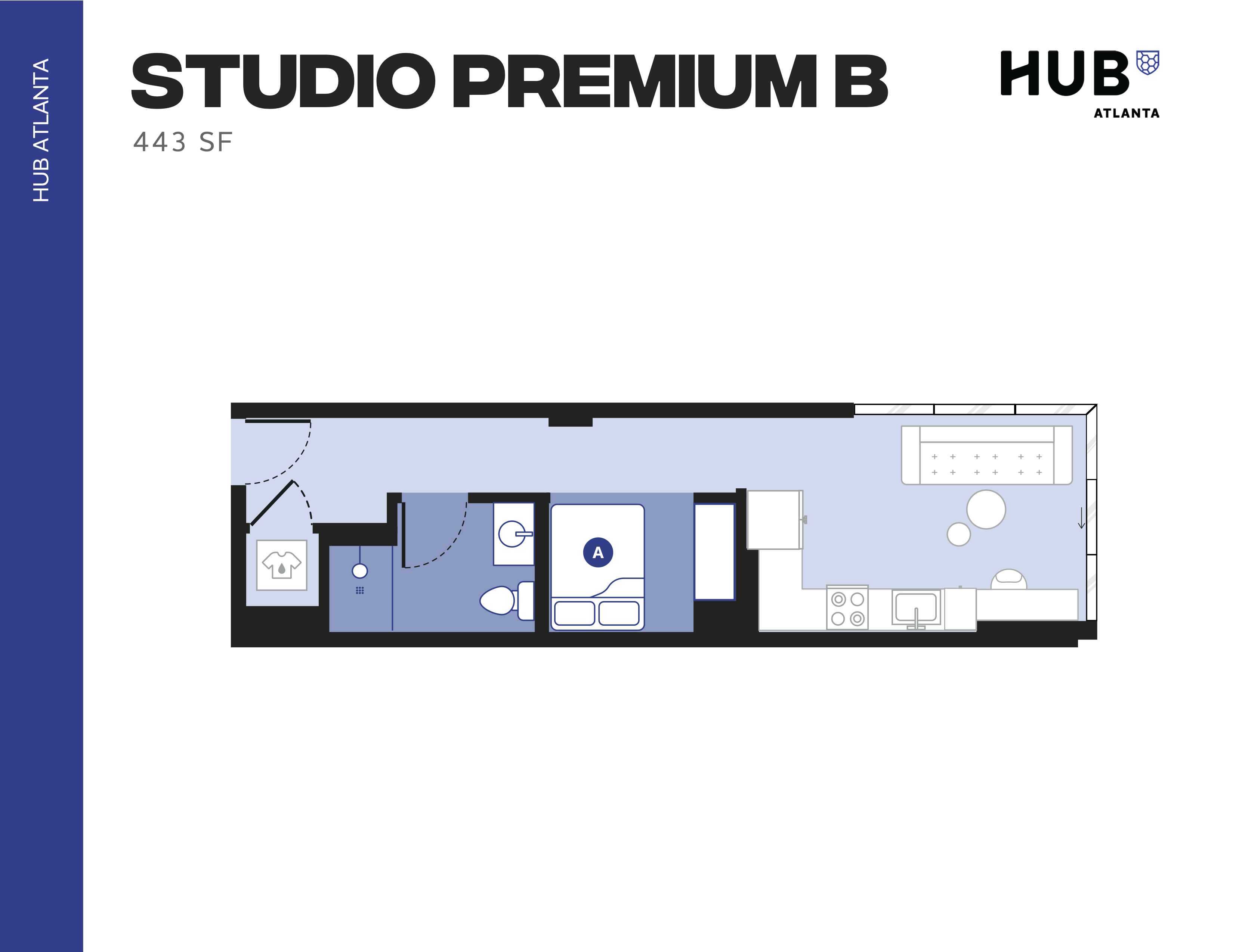 Stylish Studio Premium B floor plan featuring an open-concept layout with a cozy living area, modern kitchen, and private bedroom in HUB Atlanta, 443 sq ft.