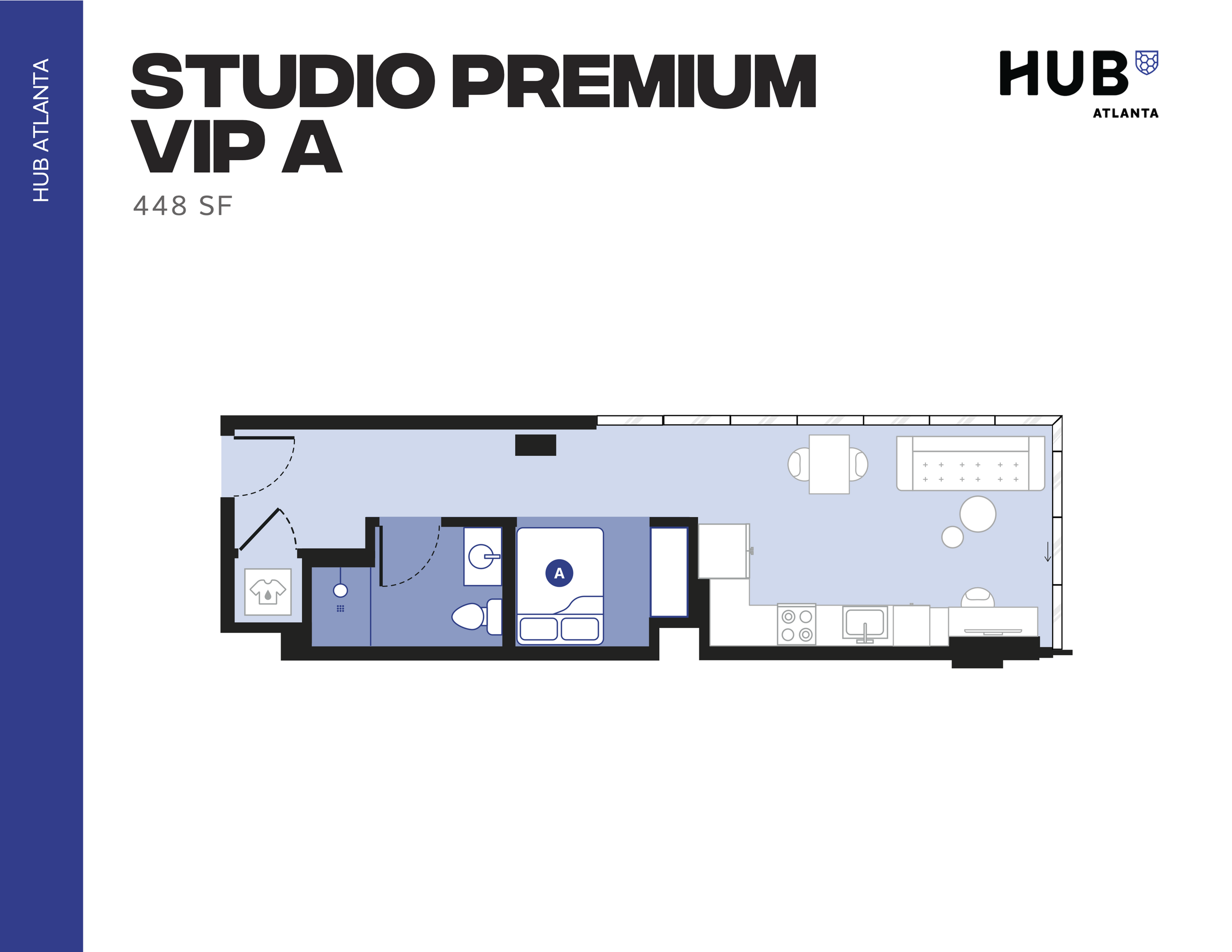Modern Studio Premium VIP A floor plan at Hub Atlanta, featuring 448 sq ft with an efficient layout including a cozy sleeping area, sleek bathroom, and an open living and kitchen space.