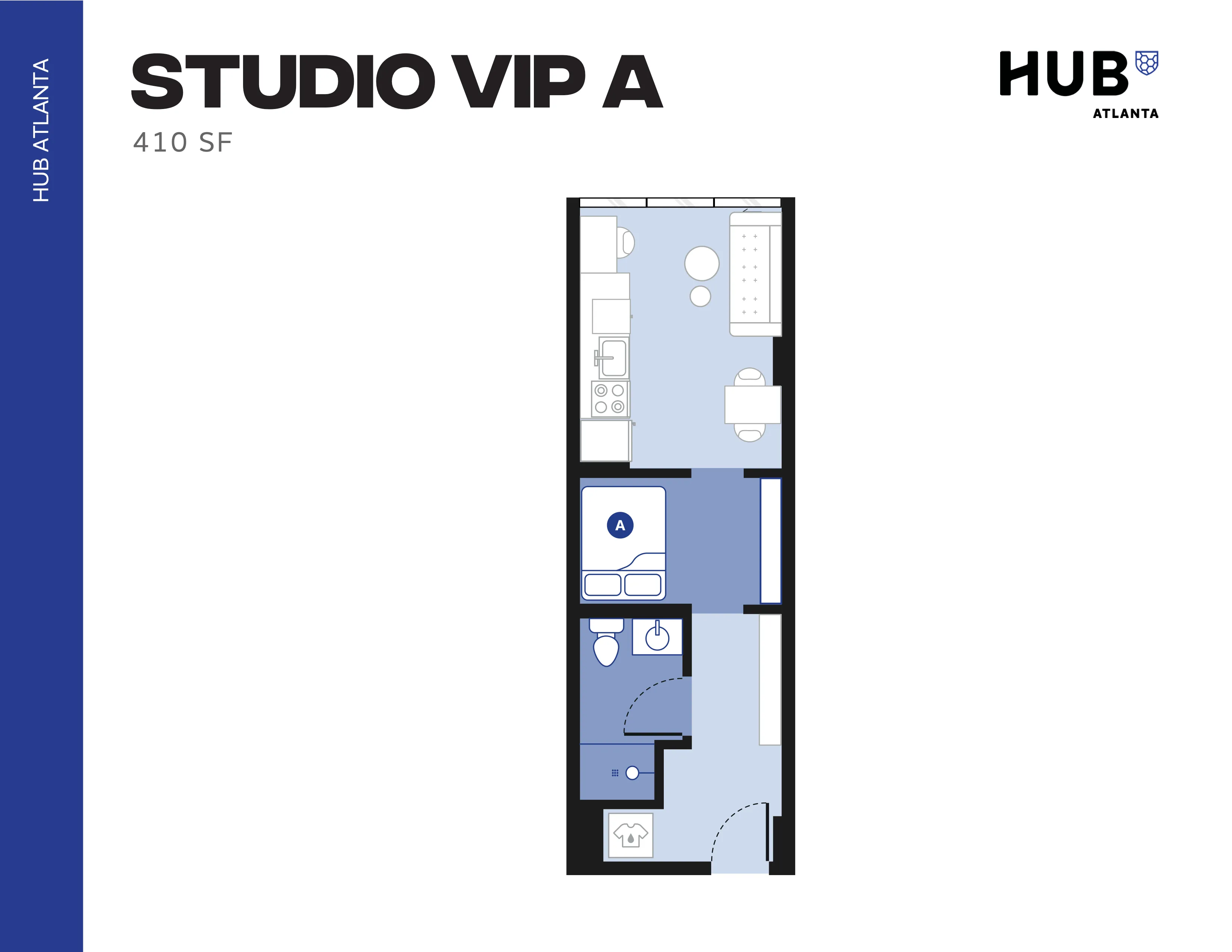 Modern floor plan for Studio VIP A with 410 sq ft, featuring a cozy living area, functional kitchen, and sleek bathroom in Hub Atlanta.