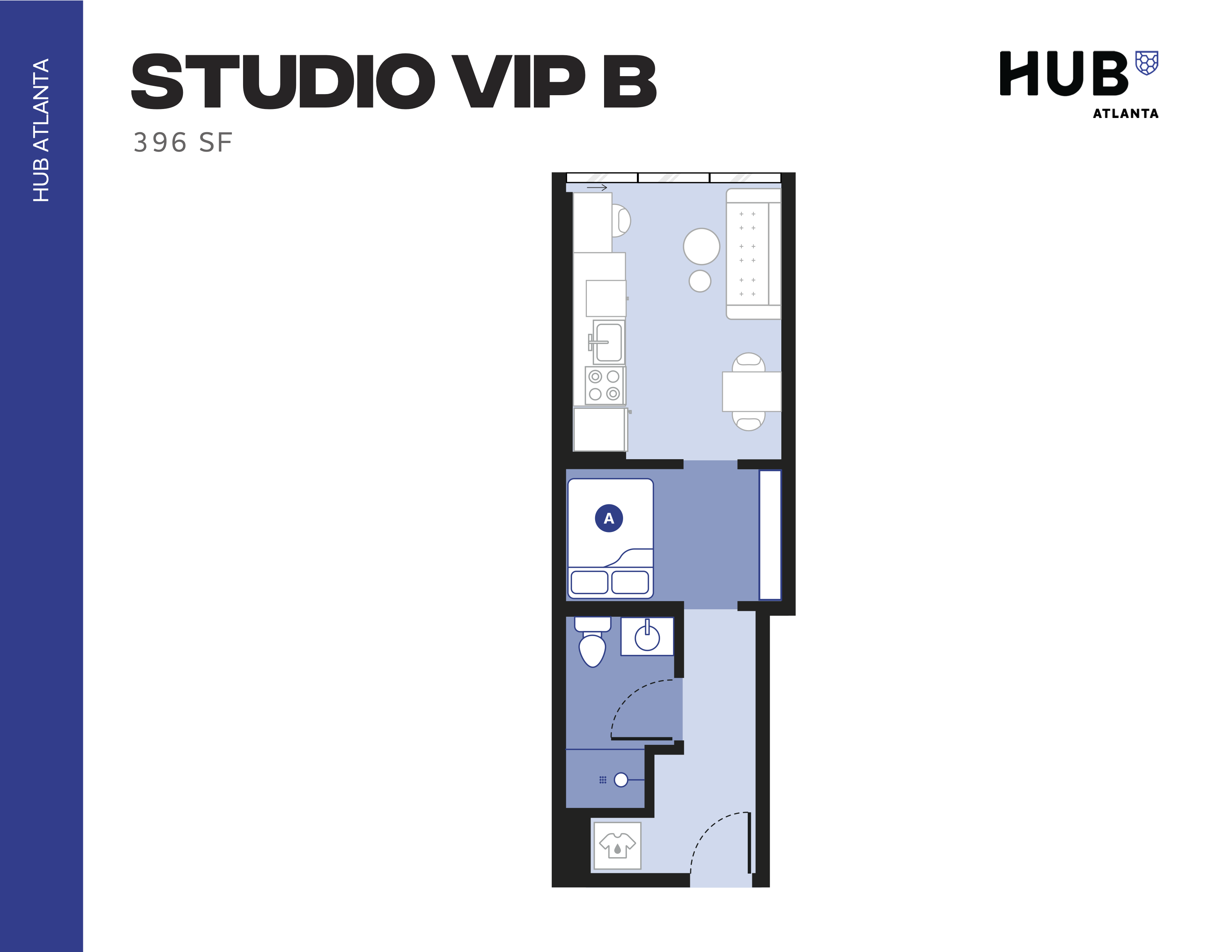 Modern Studio VIP B floor plan at Hub Atlanta, featuring an open living area, compact kitchen, and stylish bathroom, covering 396 square feet.
