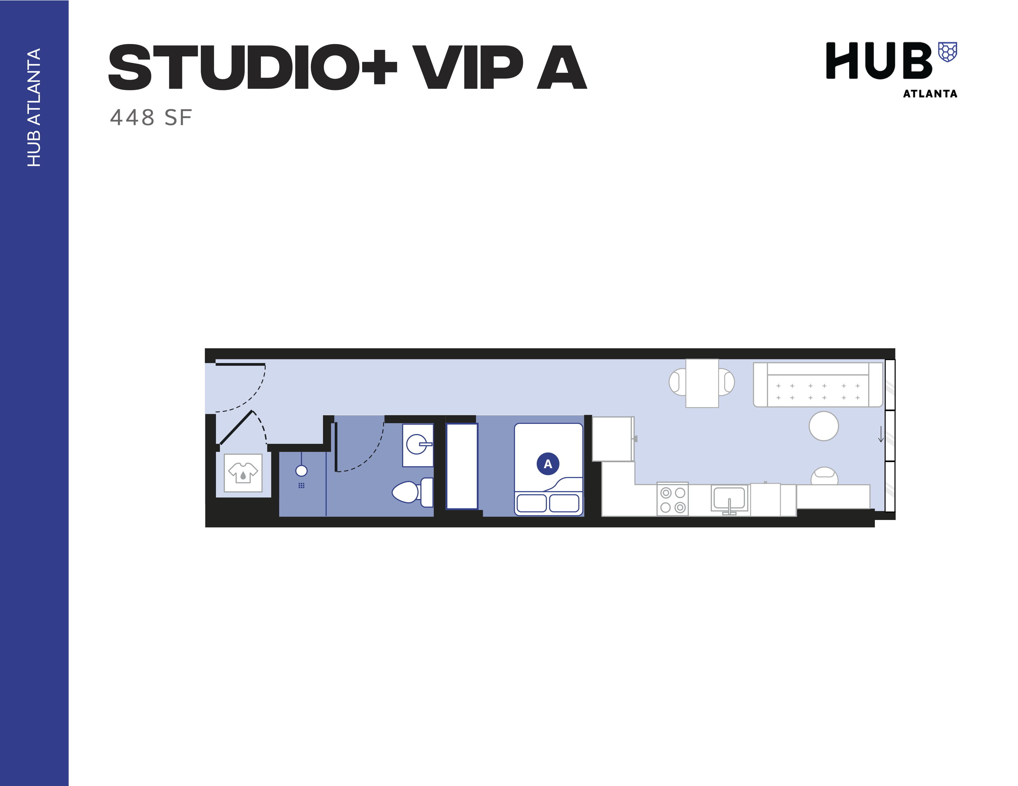 Chic Studio+ VIP A floor plan at Hub Atlanta, showcasing 448 sq ft of efficient layout with a modern kitchen, cozy living area, and stylish bathroom.