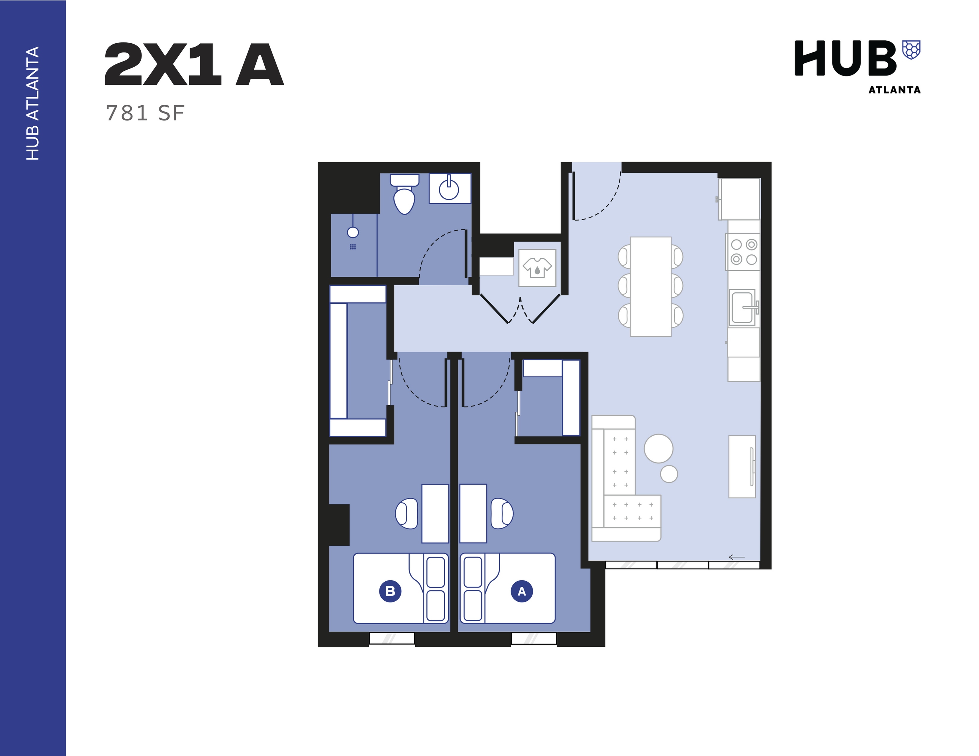 Modern 2X1 A floor plan at Hub Atlanta featuring two spacious bedrooms, a stylish open-concept living and dining area, and a well-appointed kitchen, totaling 781 square feet.