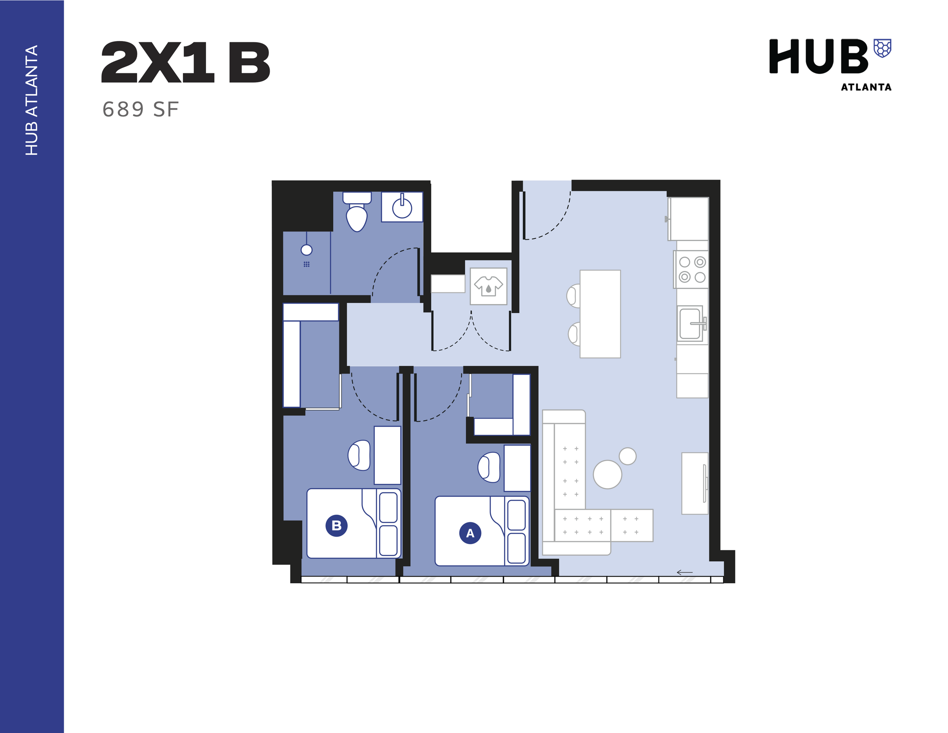 Modern 2-bedroom, 1-bath floor plan in Hub Atlanta, featuring open living space and efficient 689 sq ft layout.