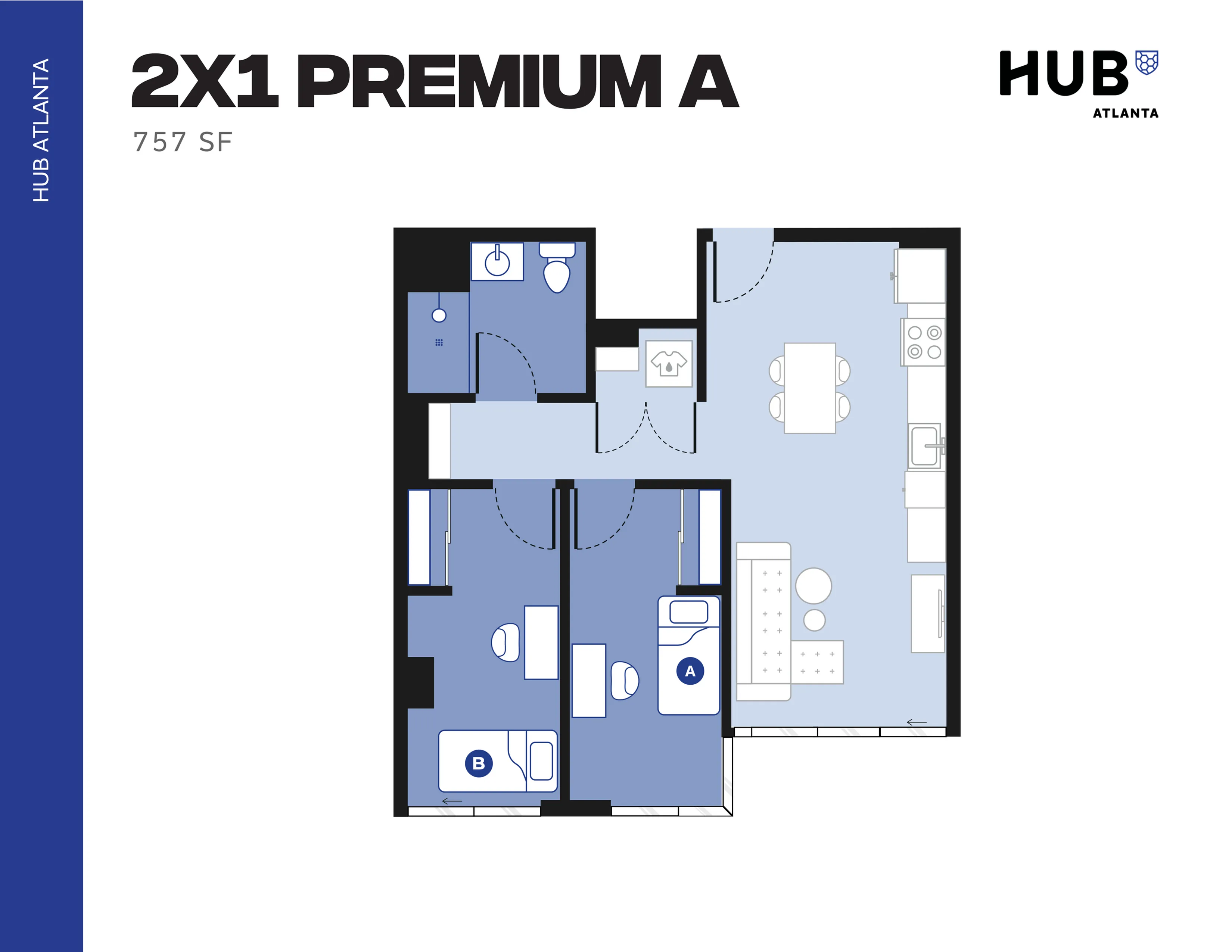 Modern 2X1 Premium A floor plan featuring 2 bedrooms, a stylish kitchen, and a cozy living area, totaling 757 sq ft.