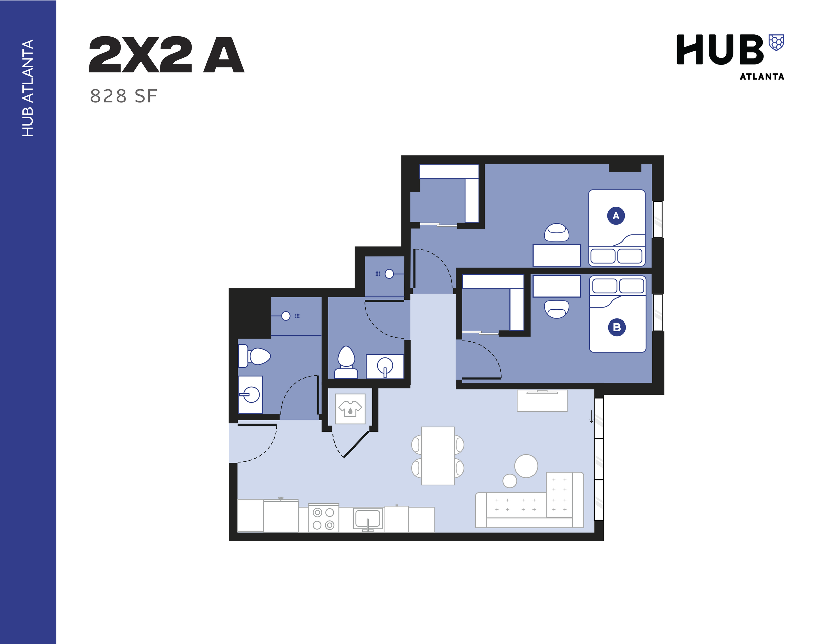 Modern 2-bedroom floor plan, 828 sq ft, with open-concept living and dining area, and dual bathrooms at Hub Atlanta.