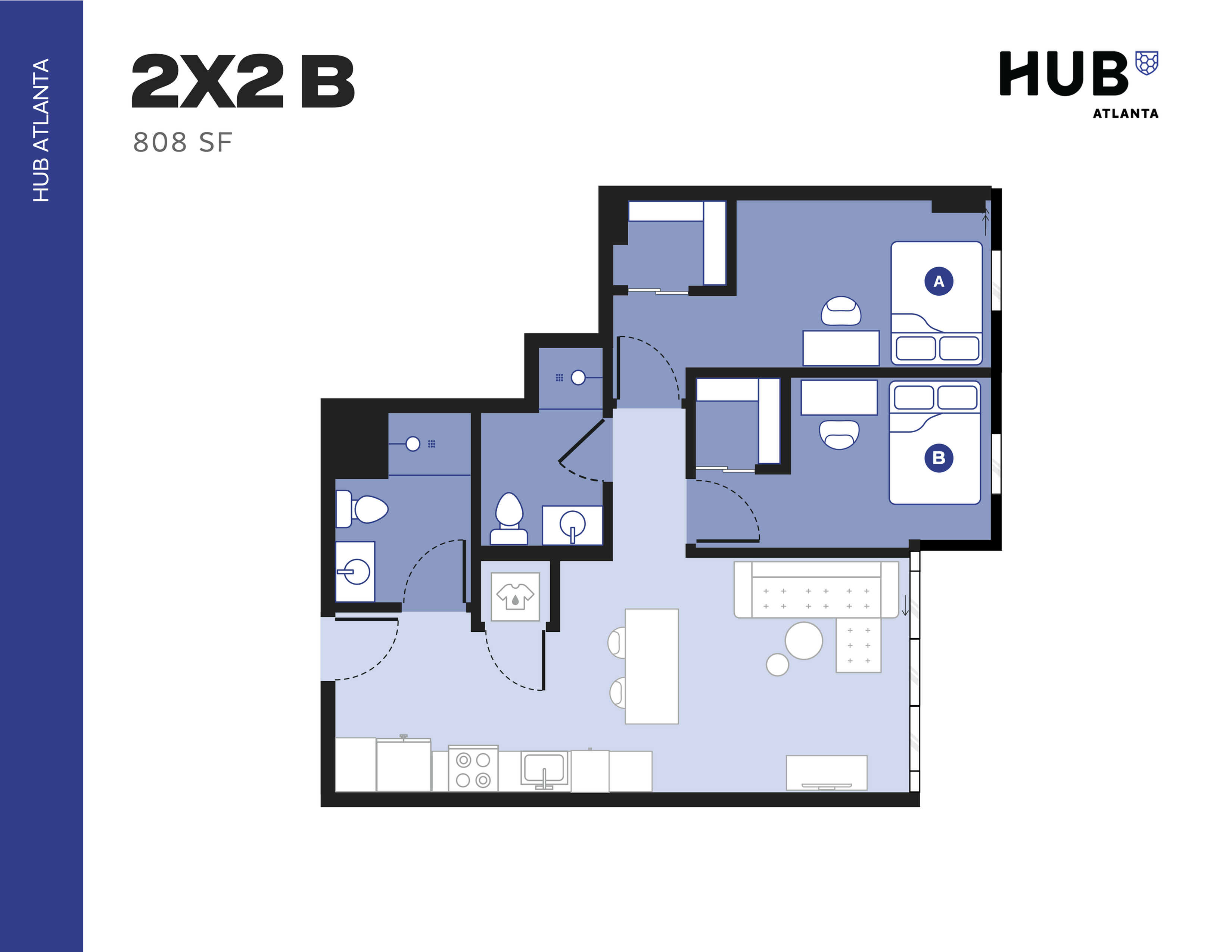 Modern floor plan for HUB Atlanta featuring two spacious bedrooms, two bathrooms, and an open-concept living and kitchen area, encompassing 808 square feet.