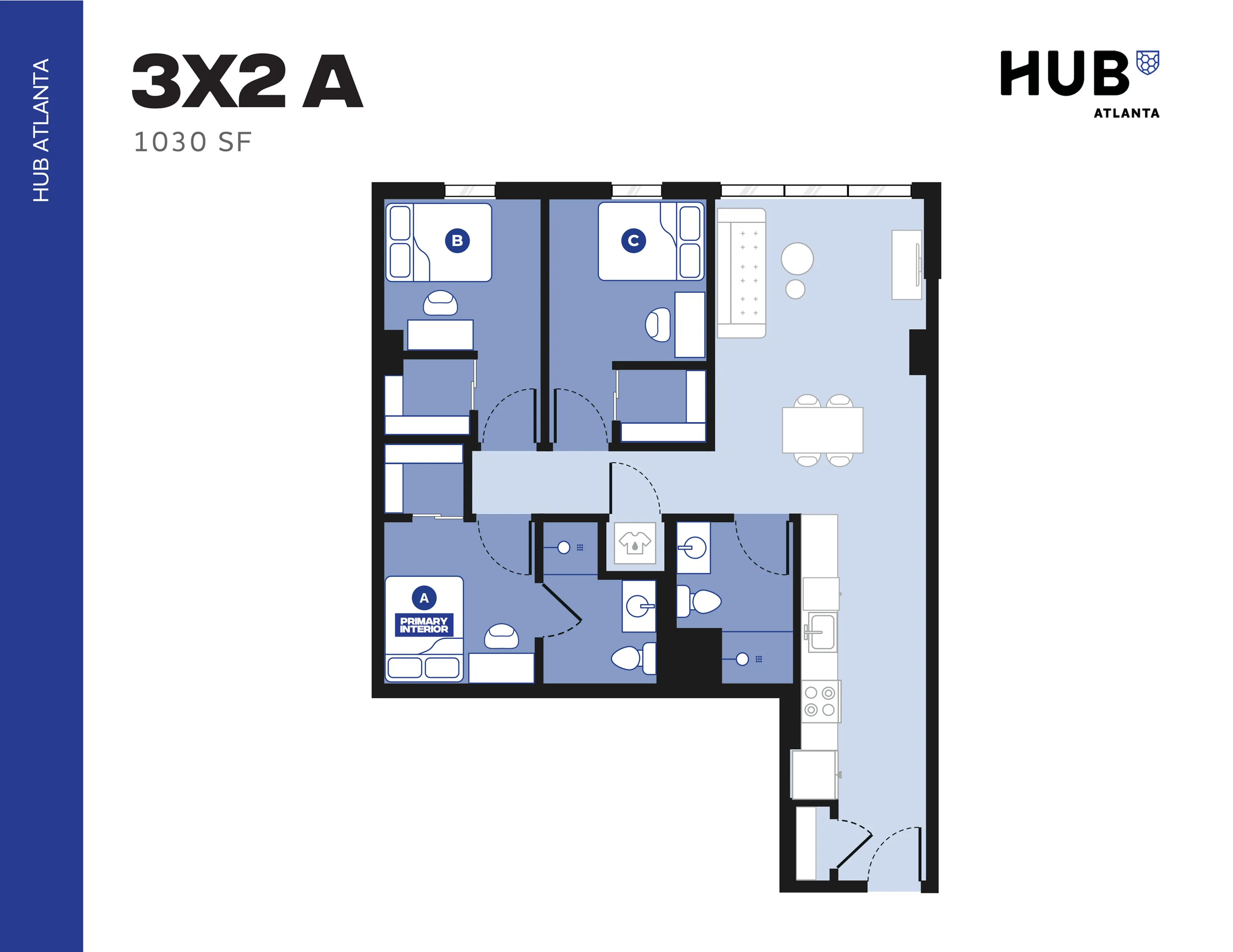 Modern 3-bedroom, 2-bathroom floor plan at HUB Atlanta, featuring open-concept living and dining area, sleek kitchen design, and 1030 sq ft of optimized space.
