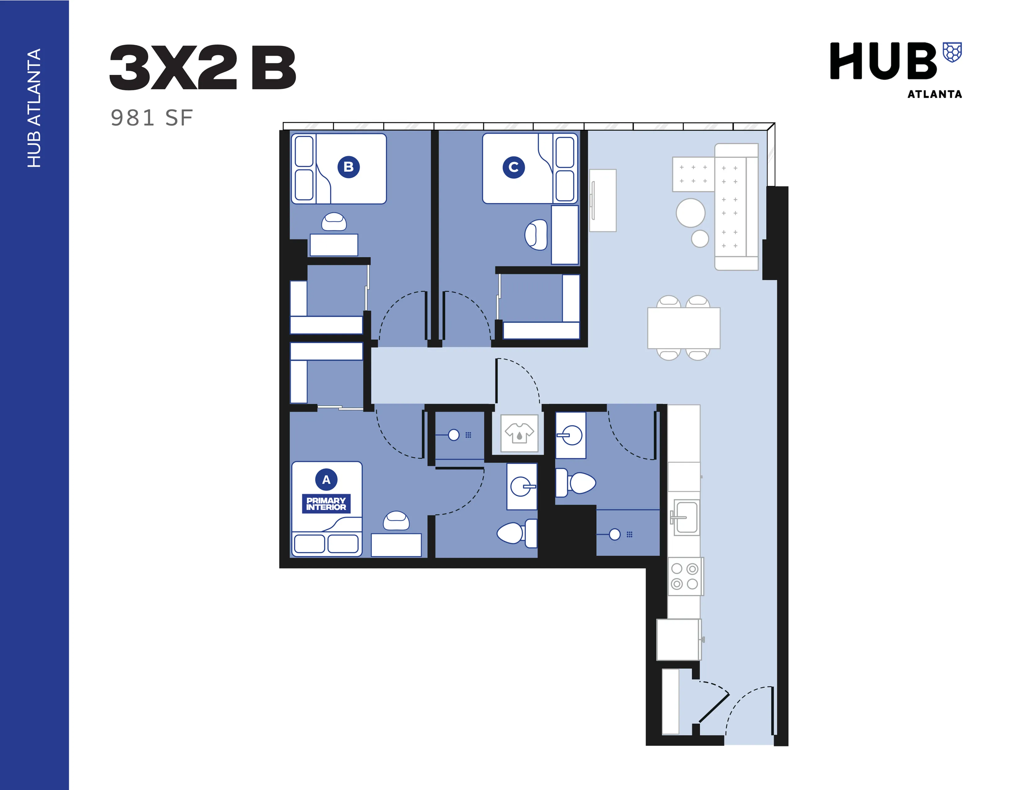Sleek 3-bedroom, 2-bathroom floor plan at Hub Atlanta, showcasing an open kitchen and dining area, and 981 sq ft of modern living space.
