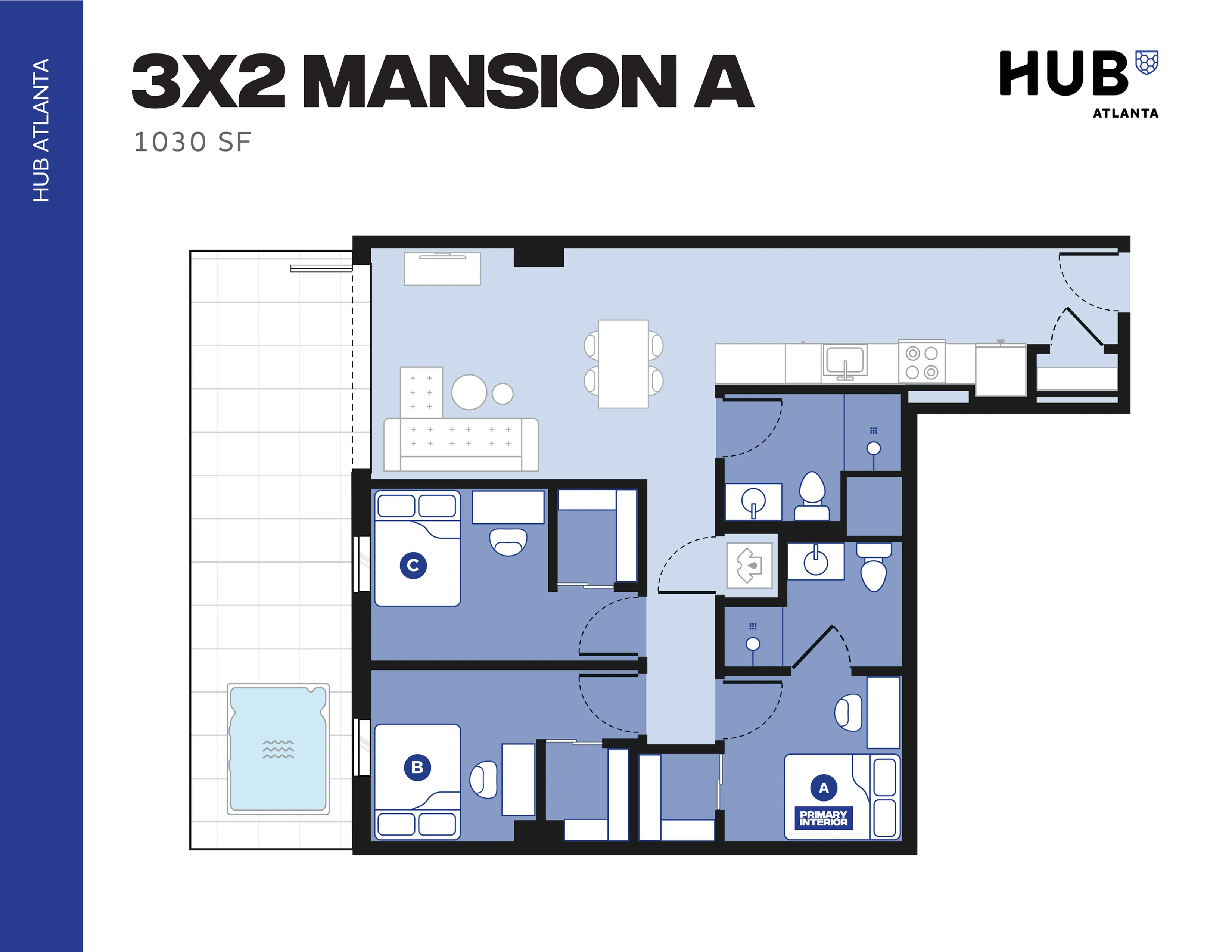 Modern 3X2 Mansion A floor plan at Hub Atlanta showcasing three bedrooms, two bathrooms, a sleek open-concept living space, and kitchen, spread over 1030 sq ft. Includes a spacious terrace with a pool.
