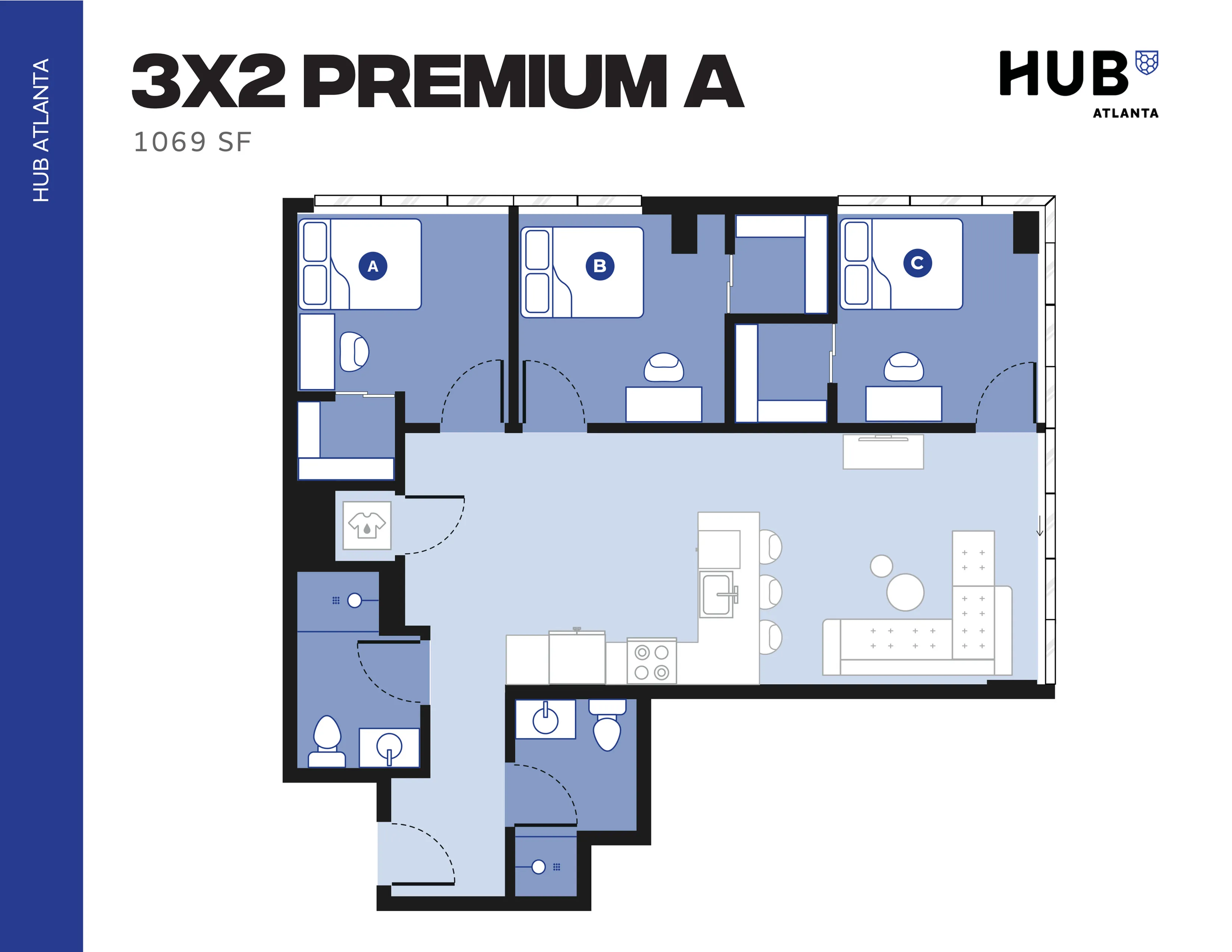 Modern 3X2 Premium A floor plan with spacious layout, featuring three bedrooms, two bathrooms, and an open-concept living area, covering 1069 sq ft at Hub Atlanta.