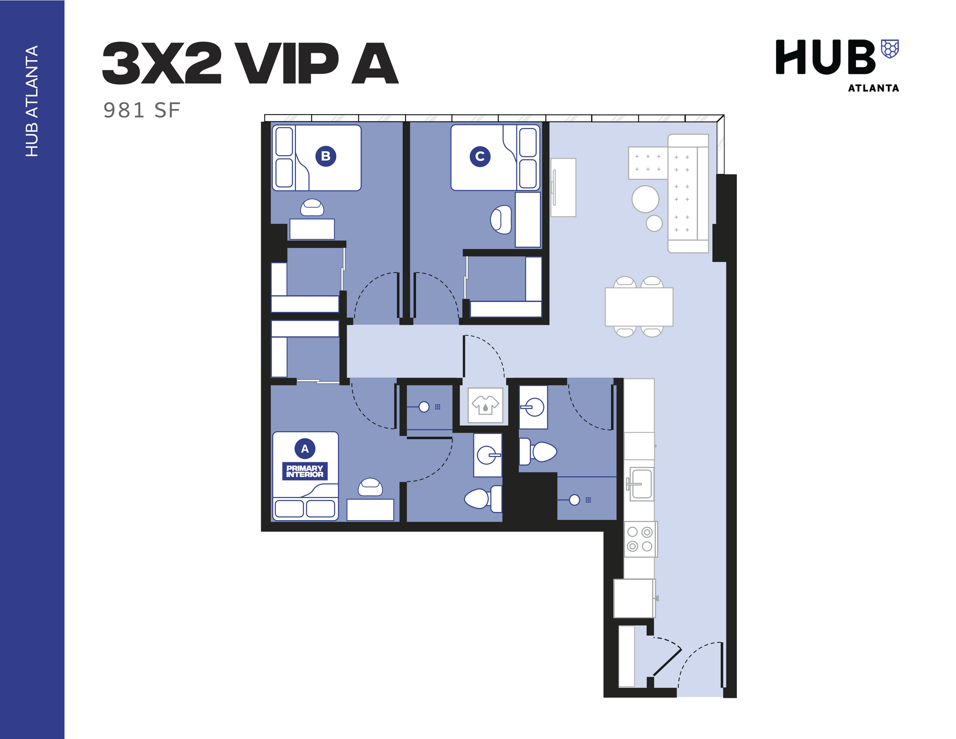 Modern 3-bedroom, 2-bathroom floor plan at HUB Atlanta, featuring open living area and sleek kitchen, 981 sq ft.
