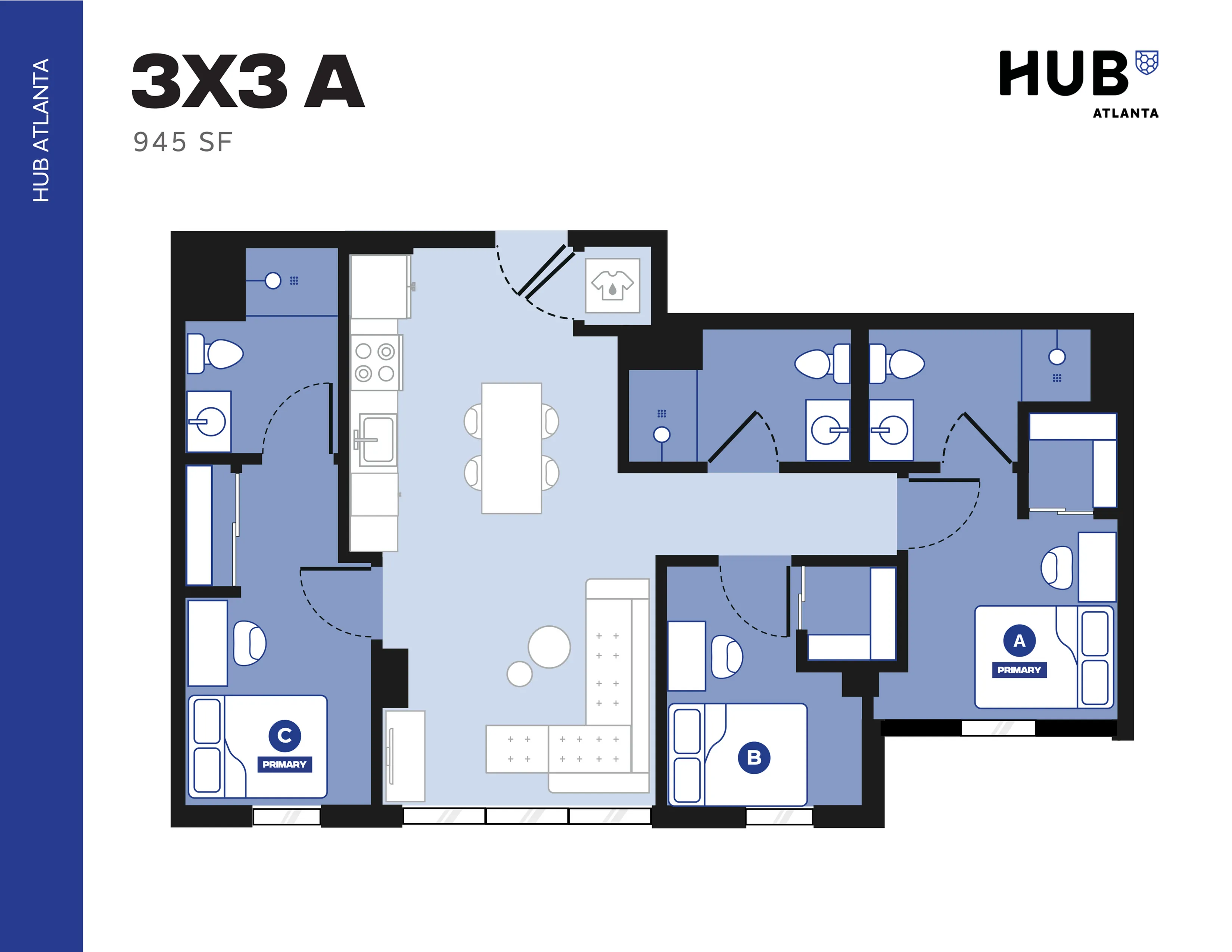 Modern floor plan featuring 3 bedrooms each with private baths, an open-concept kitchen and living area in HUB Atlanta, 945 sq ft.