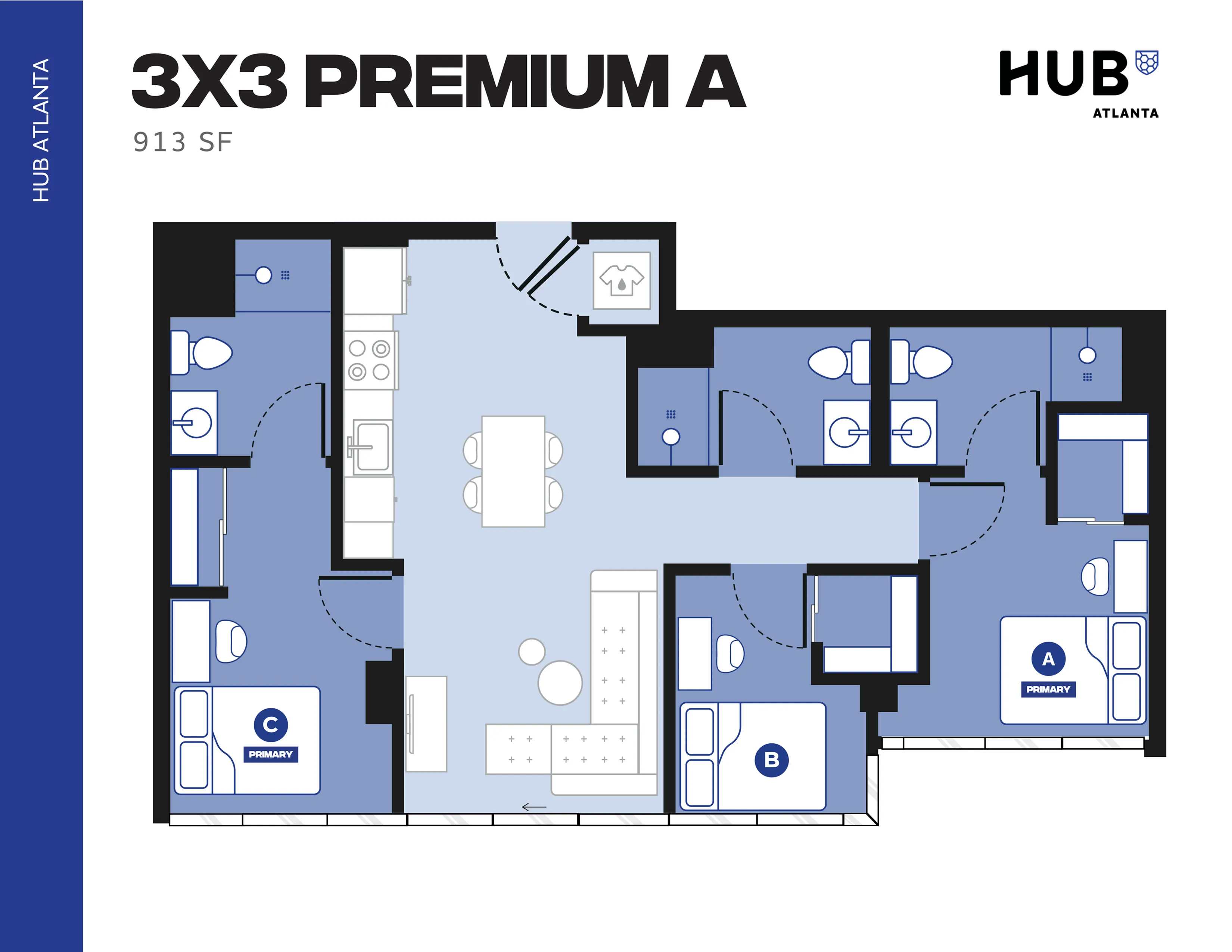 Modern 3x3 Premium A floor plan at HUB Atlanta, featuring three bedrooms, open-concept living space, and a well-equipped kitchen, totaling 913 square feet.