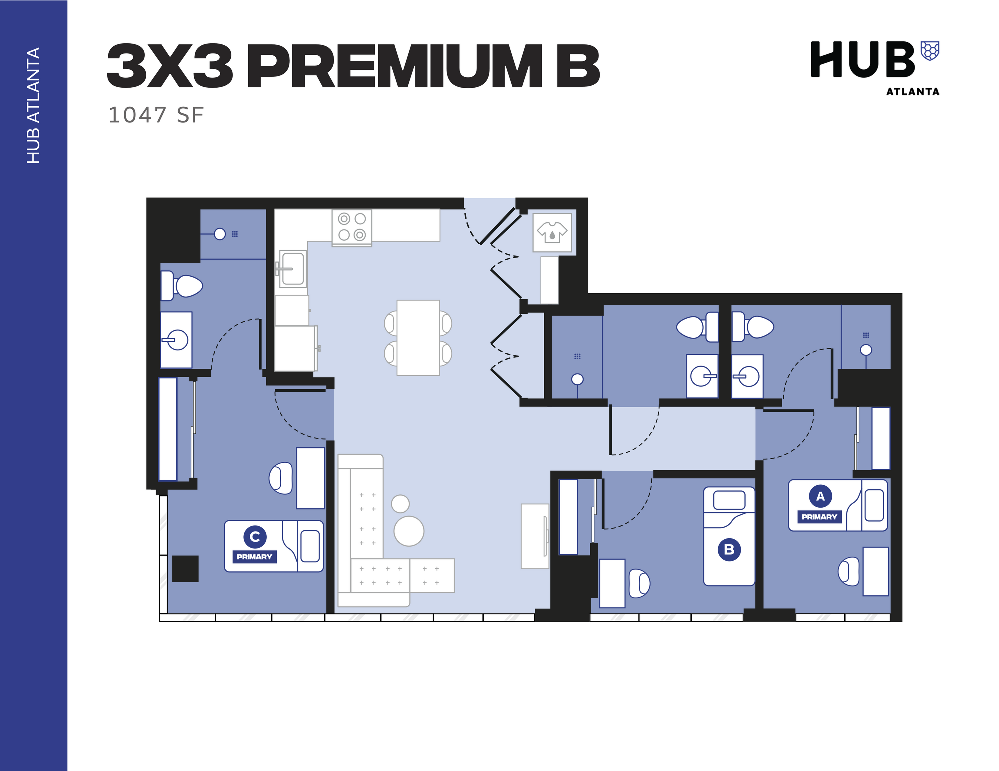 Modern 3X3 Premium B floor plan in Hub Atlanta, featuring 3 spacious bedrooms, each with a private bathroom, an elegant open-concept kitchen and living area, 1047 square feet.