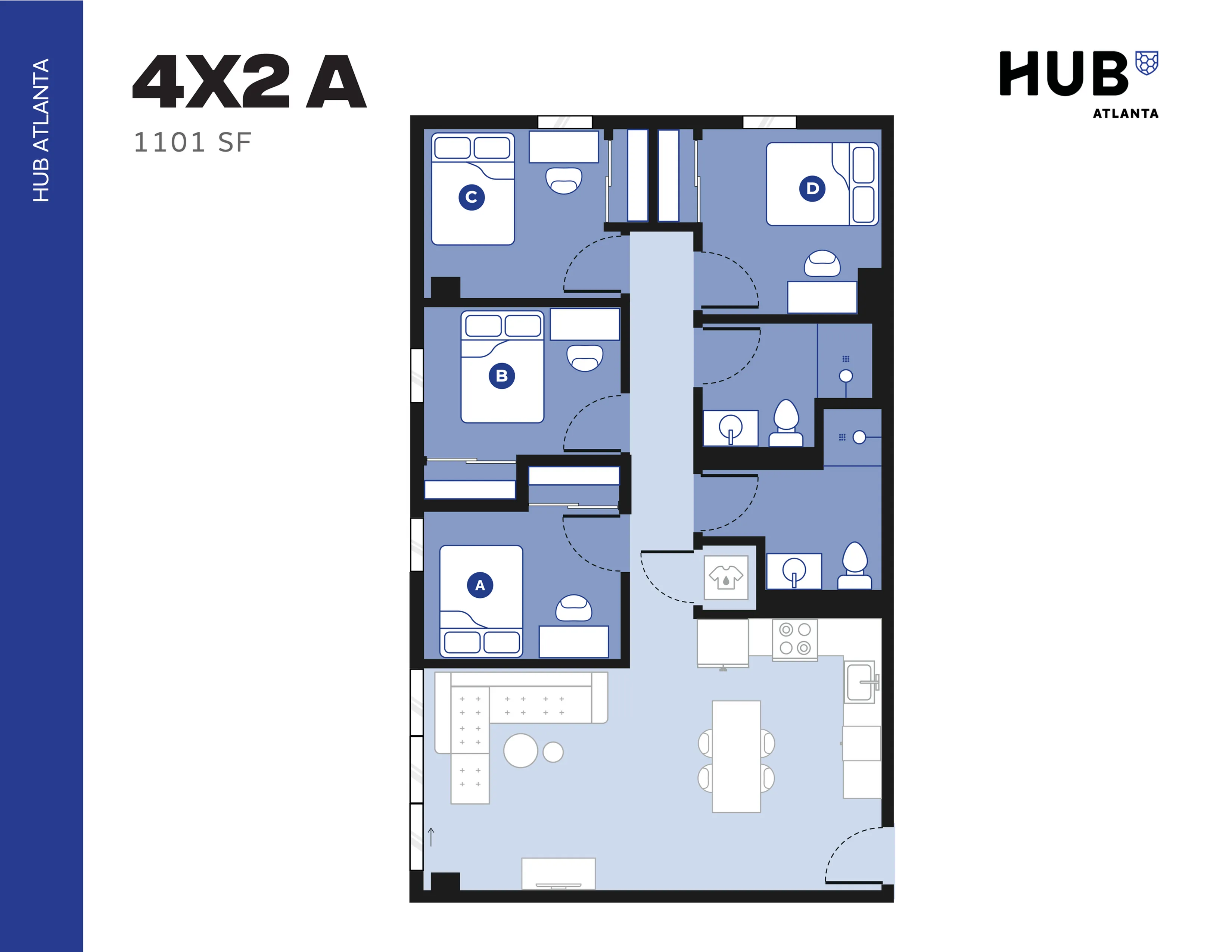 Modern 4-bedroom floor plan at Hub Atlanta with two well-appointed bathrooms, spacious living and dining areas, and an expansive kitchen, covering 1101 sq ft.